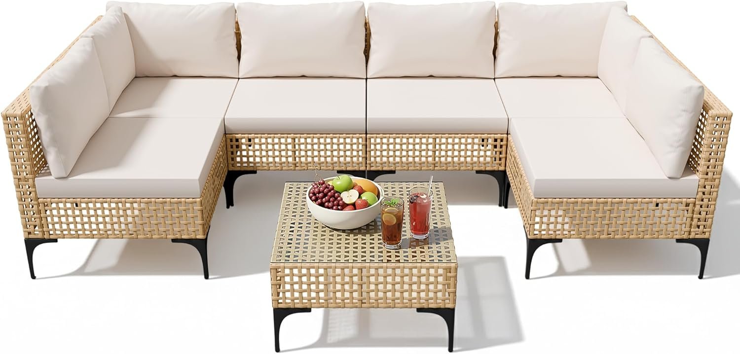 Devoko Patio Furniture Set,7 Pieces Outdoor Wicker Sectional Couch with Thick Cushions &Glass Tabletop, PE Rattan Backyard Conversation Sofa with Coffee Table for Deck, Porch