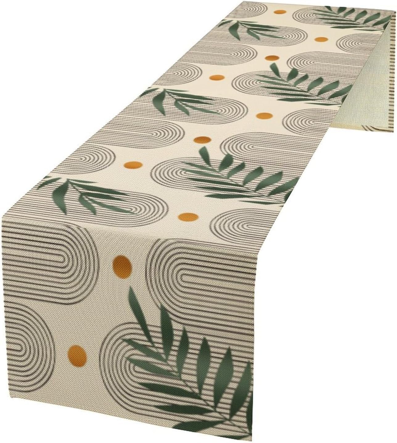 Mid Century BohoTable Runner,Aesthetic Abstract Modern Bohemian Green Leaves Kitchen Dining Table Decor for Wedding Indoor Outdoor, 13 x 36 Inch