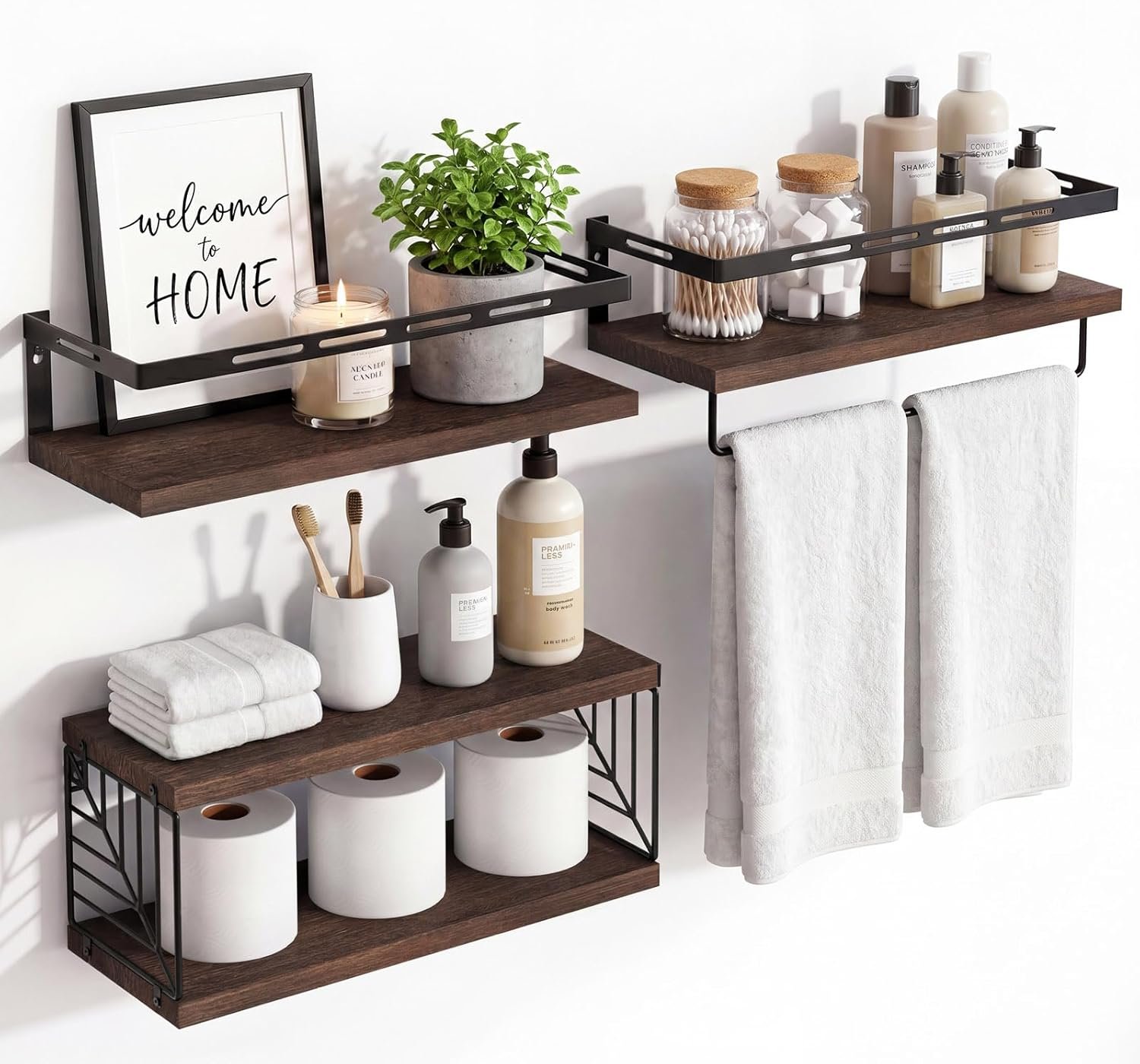 Fixwal Wall Mounted Bathroom Shelves Over Toilet, Rustic Wood Floating Shelves with Metal Frame and Towel Bar for Bathroom, Kitchen, Bedroom, Living Room (3 Plus 1 Dark Brown)