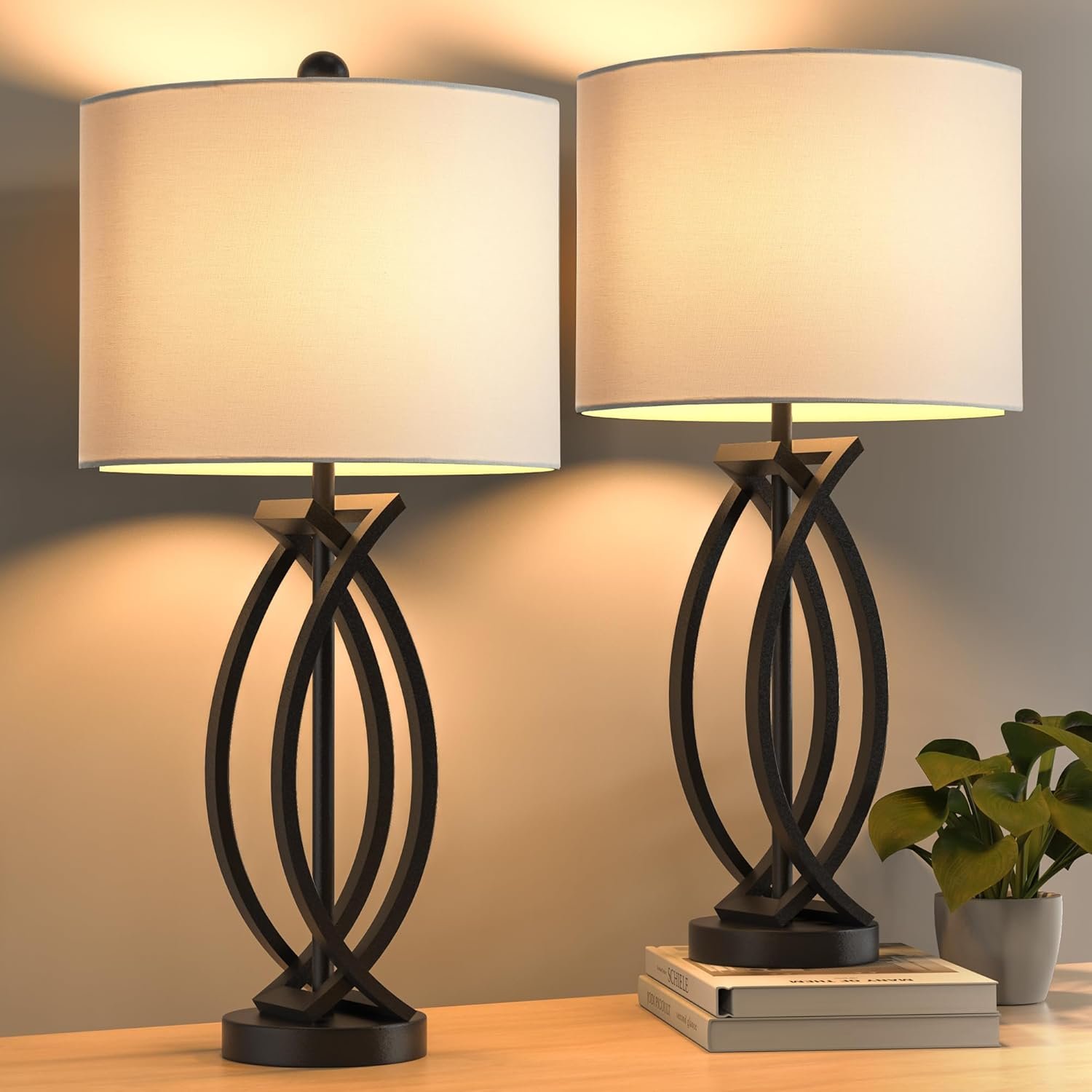 26″ Industrial Table Lamps Set of 2, 3-Way Dimmable Farmhouse Nightstand Lamps Black Metal Bedside Lamps with White Shade for Living Room Bedroom, End Table Desk Lamp for Home Office