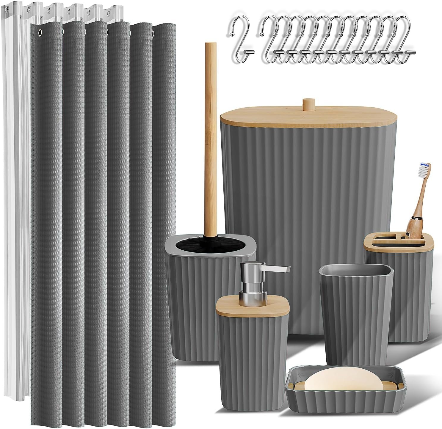 Clara Clark Bathroom Accessories Set – Bathroom Set, Bathroom Accessory Set, Shower Curtain Set, Toilet Brush, Trash Can & Soap Dispenser – Grey – 20PC