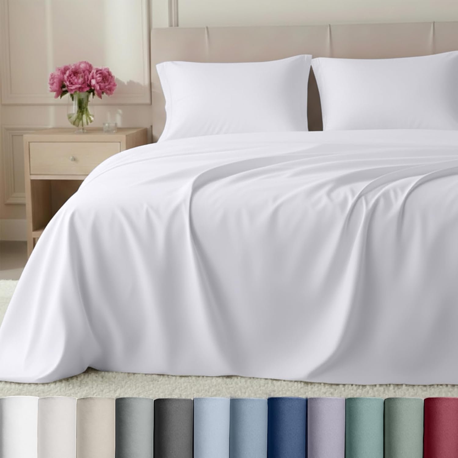 California Design Den Luxury 800 Thread Count King Size Sheets Set – 100% Cotton Sheets, Soft Sateen, Deep Pockets for a Snug Fit, Durable Bedding Set – White
