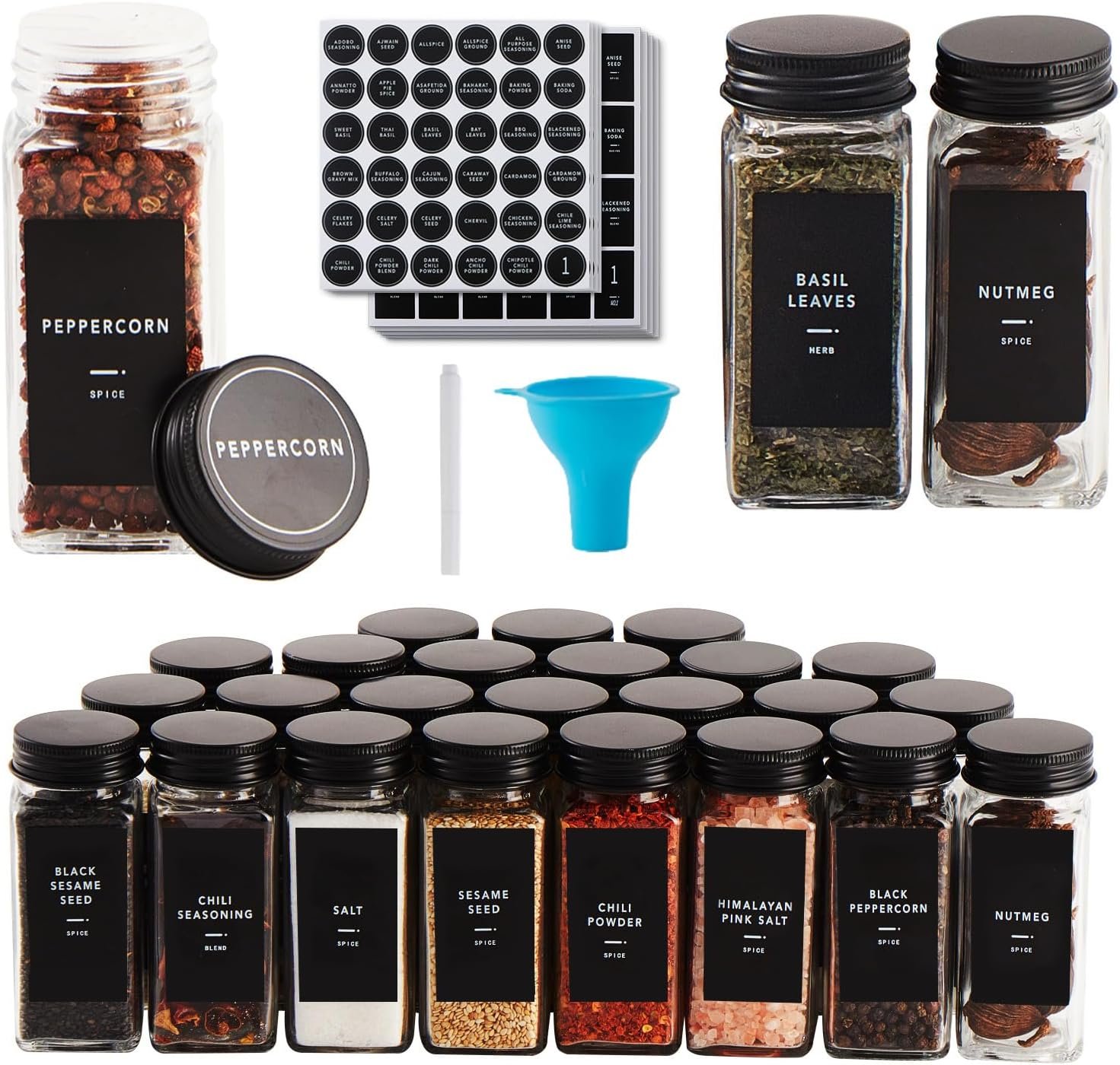 Skiileor 25 Pcs Spice Jars with Label- Glass Spice Jars with Black Metal Caps,Shaker Lids, Funnel, Chalk Pen, 4oz Seasoning Containers Bottles for Spice Rack, Cabinet, Drawer