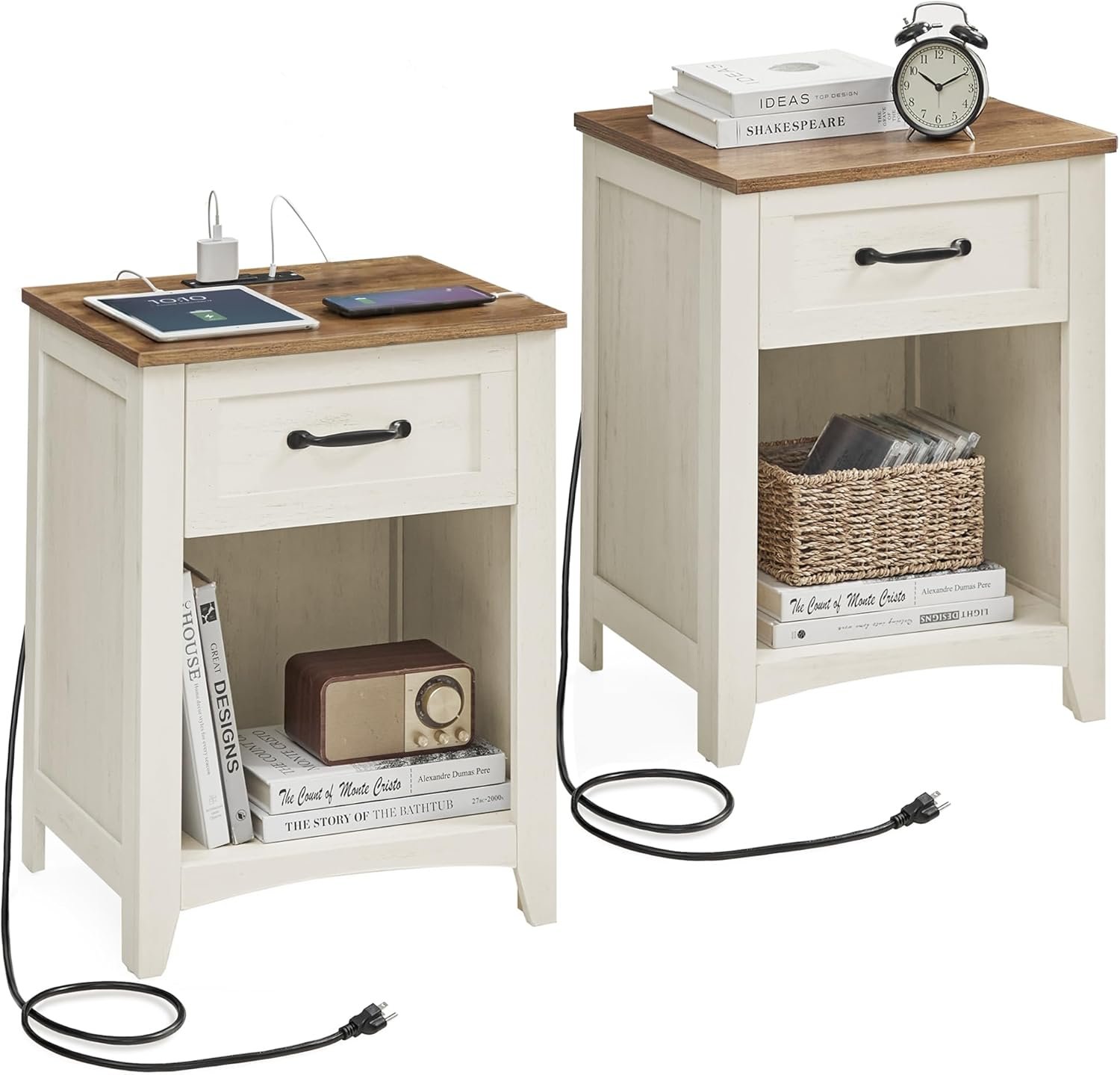 VASAGLE LIRY Collection – Farmhouse Nightstands with Charging Station, Set of 2 Bedside Tables, Side Tables with Drawer, Open Compartment, for Bedroom, Rustic White and Honey Brown ULET859K41