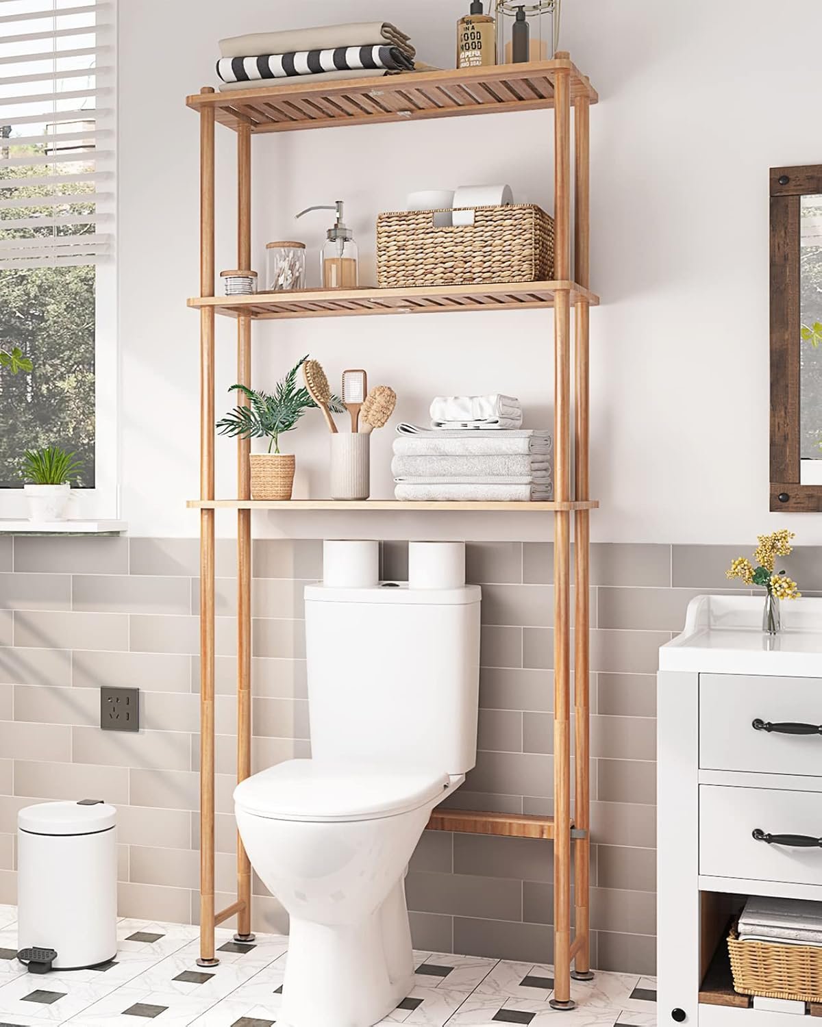 AmazerBath Over The Toilet Storage Bamboo, Bathroom Over Toilet Organizer Rack, 3-Tier Freestanding Above Toilet Shelf for Bathroom, Laundry, Space Saver, Natural Color