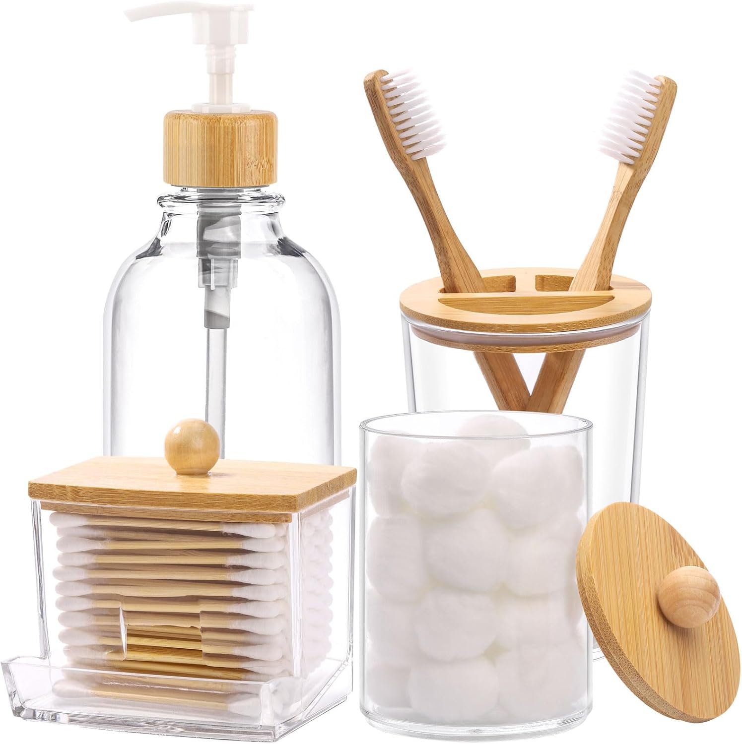 Bamboo Bathroom Accessories Set 4 Pcs – Clear Toothbrush Holder Plastic Soap Dispenser and 2 Qtip Holder Cotton Swab/Pad/Ball Container Jar