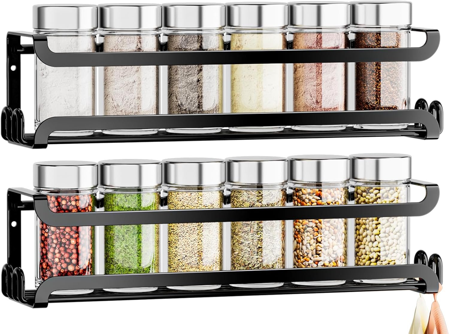 LUCYCAZ 2 Pack Wall Mounted Spice Rack with 8 Hooks, Spice Organizer Shelf for Stove Cabinet Pantry Door,Screw or Adhesive Spice Shelf Hanging Wall Spice Rack in Kitchen and RV (Black, 2 PACK)