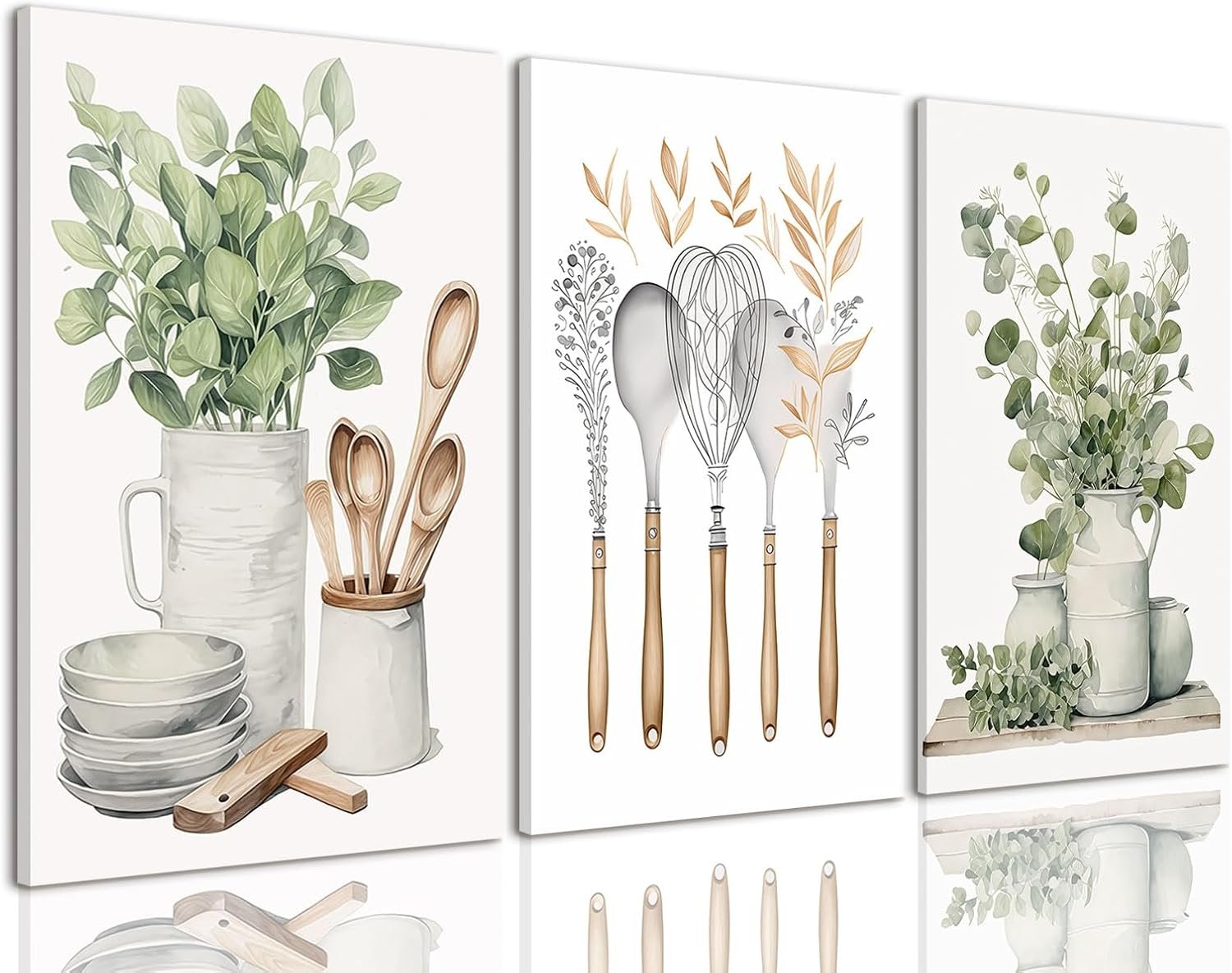 AOYUSMO 3 Piece Canvas Wall Art Kitchen Wall Art Sage Green Pictures Botanical Paintings Farmhouse Artwork Eucalyptus Nature Art Prints for Dining Room 12″x16″