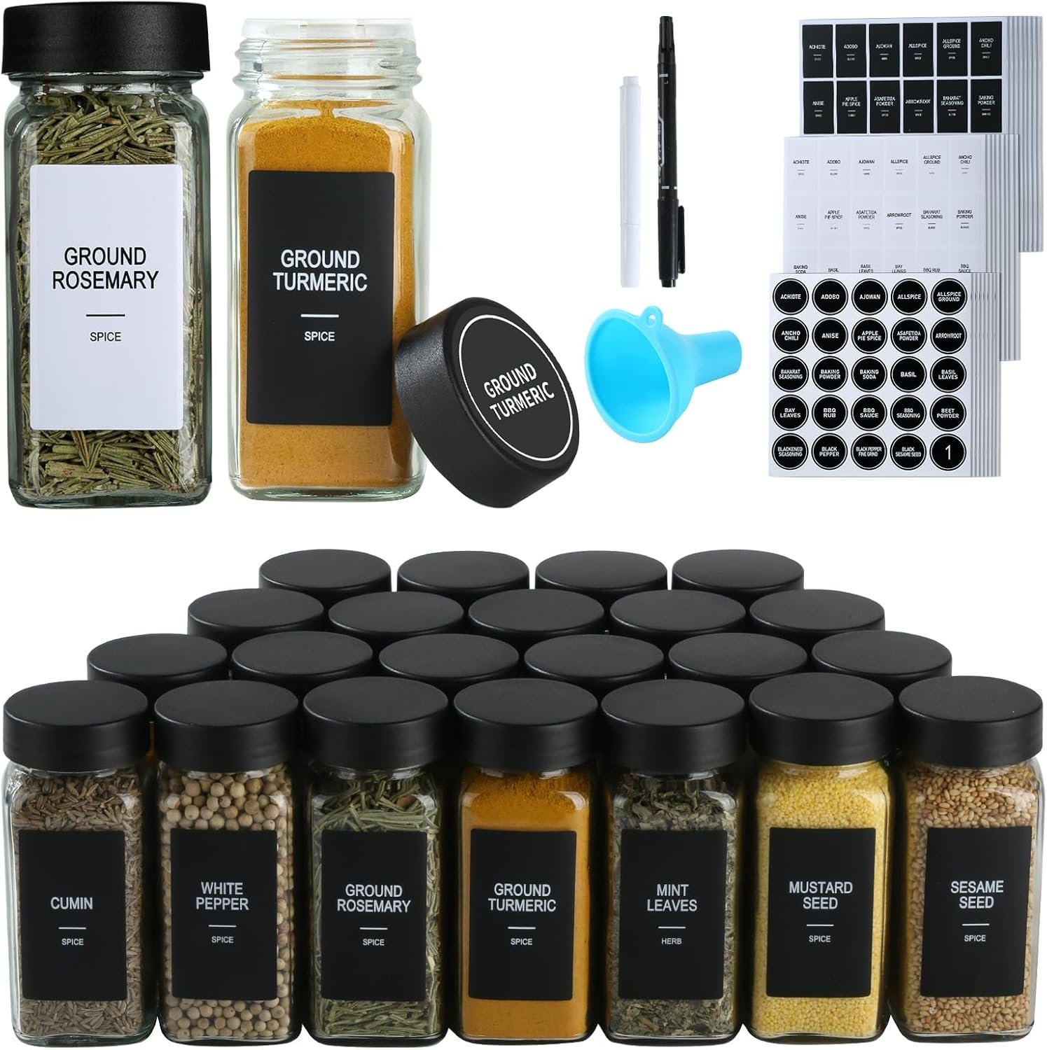24 Glass Spice Jars with Labels, Spice Jar Set, 4oz Spice Containers, Seasoning Containers with Black Airtight Lids and Shaker Lids, Square Empty Spice Bottles, 492 Labels, 1 Funnel