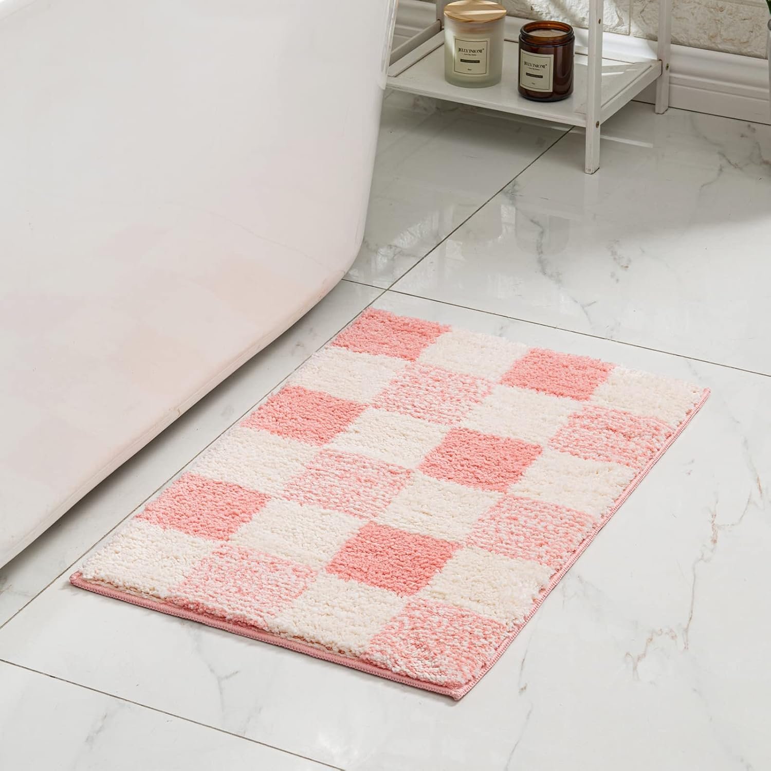 CozeCube Bath mats for Bathroom Non Slip, Fluffy Absorbent Microfiber Bath mat Washable, Aesthetic Bathroom Rugs, Small Blossom Pink Checkered Bath mat, Blossom Pink, 24″ x 16″
