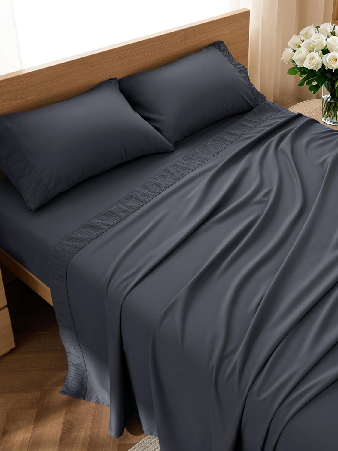 Bedsure Queen Sheet Set – 4 Pieces Soft Queen Size Sheets – Breathable & Cooling – Hotel Luxury – Easy Care Polyester Microfiber Bedding for Kids, Women, Men, Dark Grey