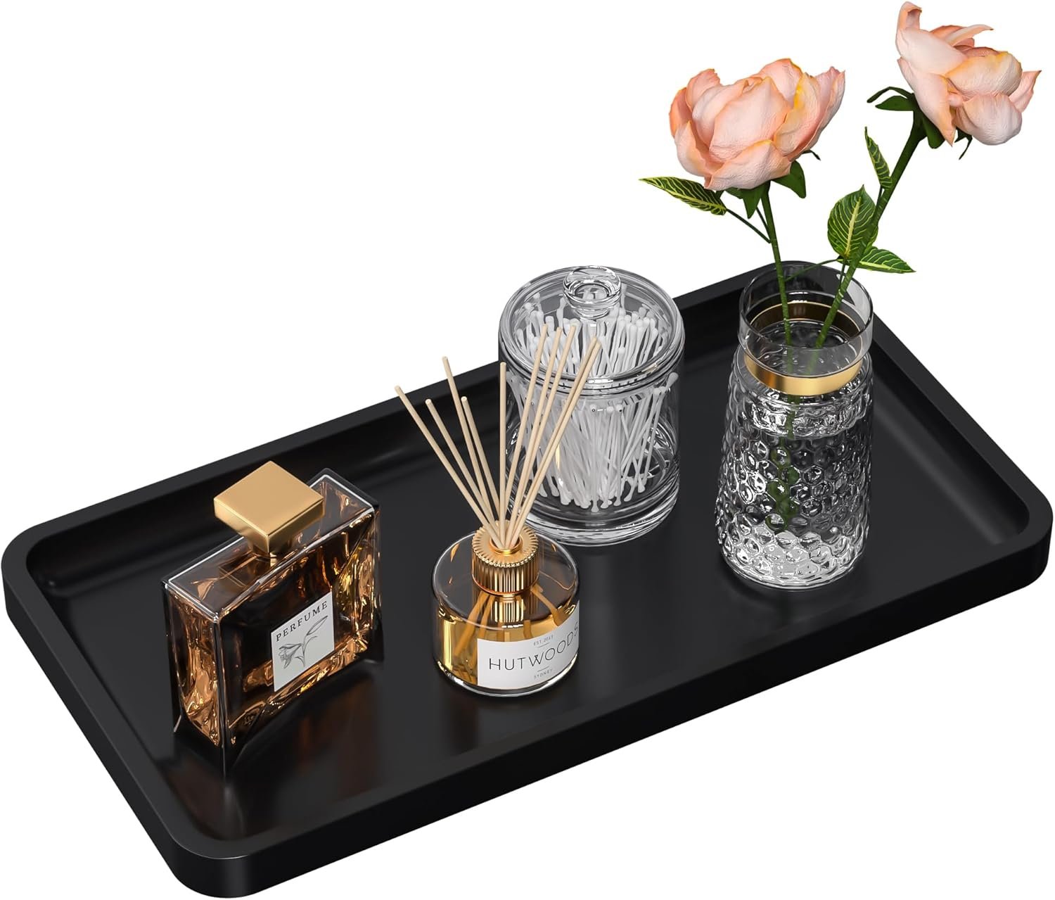 Bathroom Vanity Tray for Countertop – Bamboo Organizer Tray for Dresser Tops, Toilet, Perfume Small Decorative Tray Wood Tray for Home Decoration 11.81” L x 6.1” W x 0.79” H Black