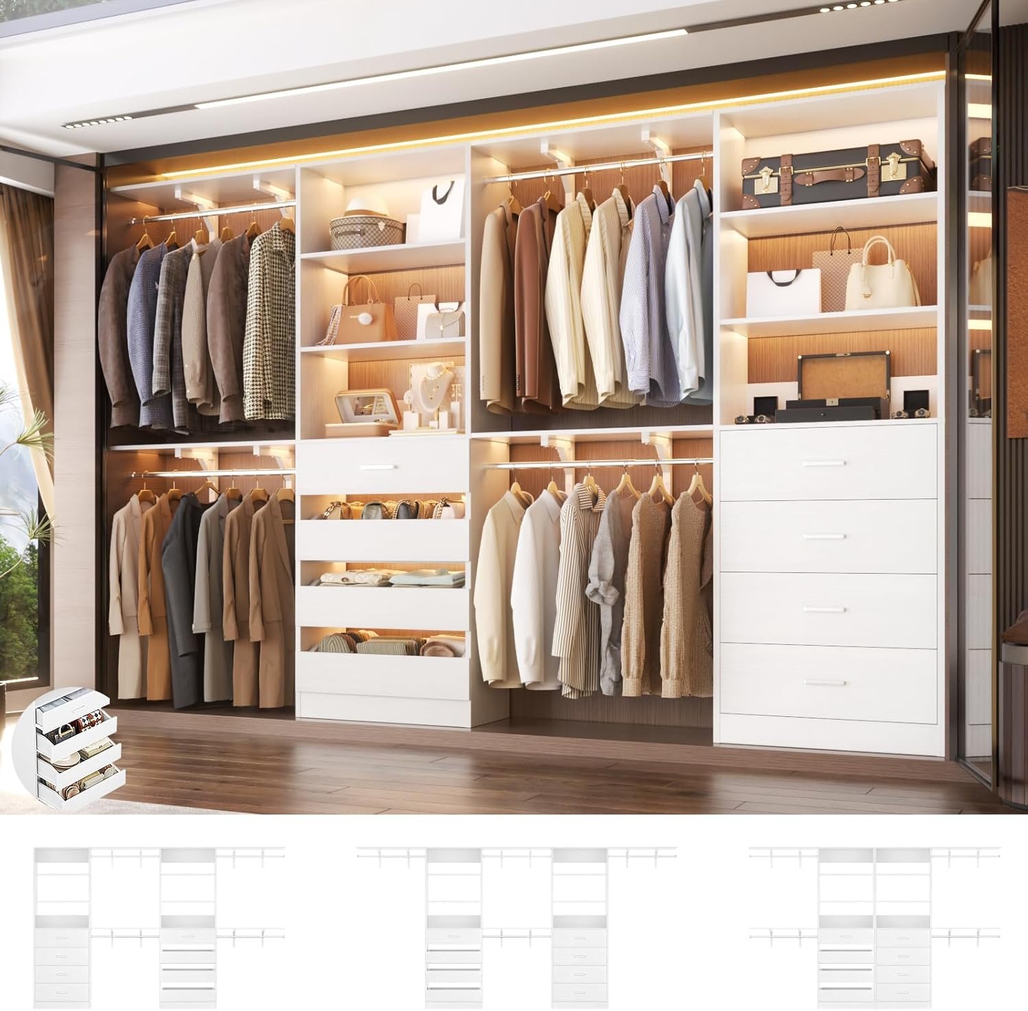 Aheaplus Closet System with 8 Wooden Drawers, Wood Closet Organizer System with Tower, Walk-in Closet Organizer Wardrobe Clothes Rack with 4 Hanging Rods, Garment Rack, Cut to Fit 7-12Ft, White
