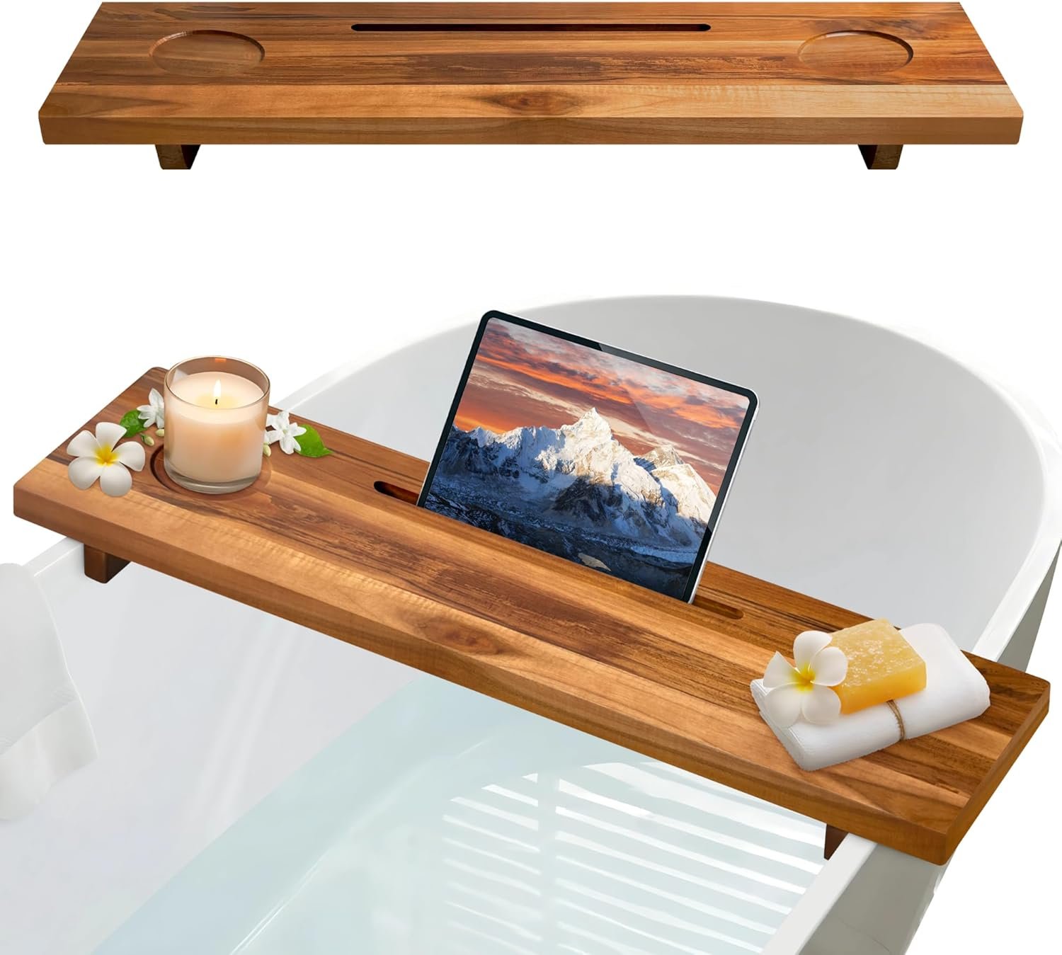 Bathtub Tray for Standard Tubs – 29″ Adjustable Teak Wood Bath Caddy | Anti-Tip, Non-Toxic, Waterproof, Sustainable Bath Tray Organizer for Relaxing Spa & Home Use
