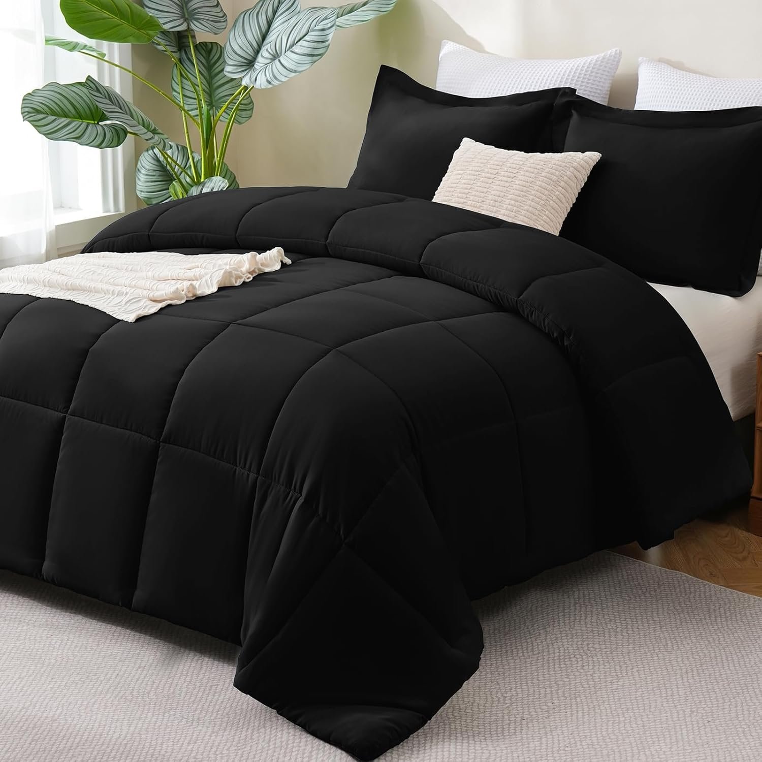 CozyLux Queen Comforter Set Black – 270GSM 3 Pieces Box Stitched Comforters Queen Size, Soft Bed Set for All Seasons, Lightweight Bedding Sets with 1 Down Alternative Comforter and 2 Pillow Shams