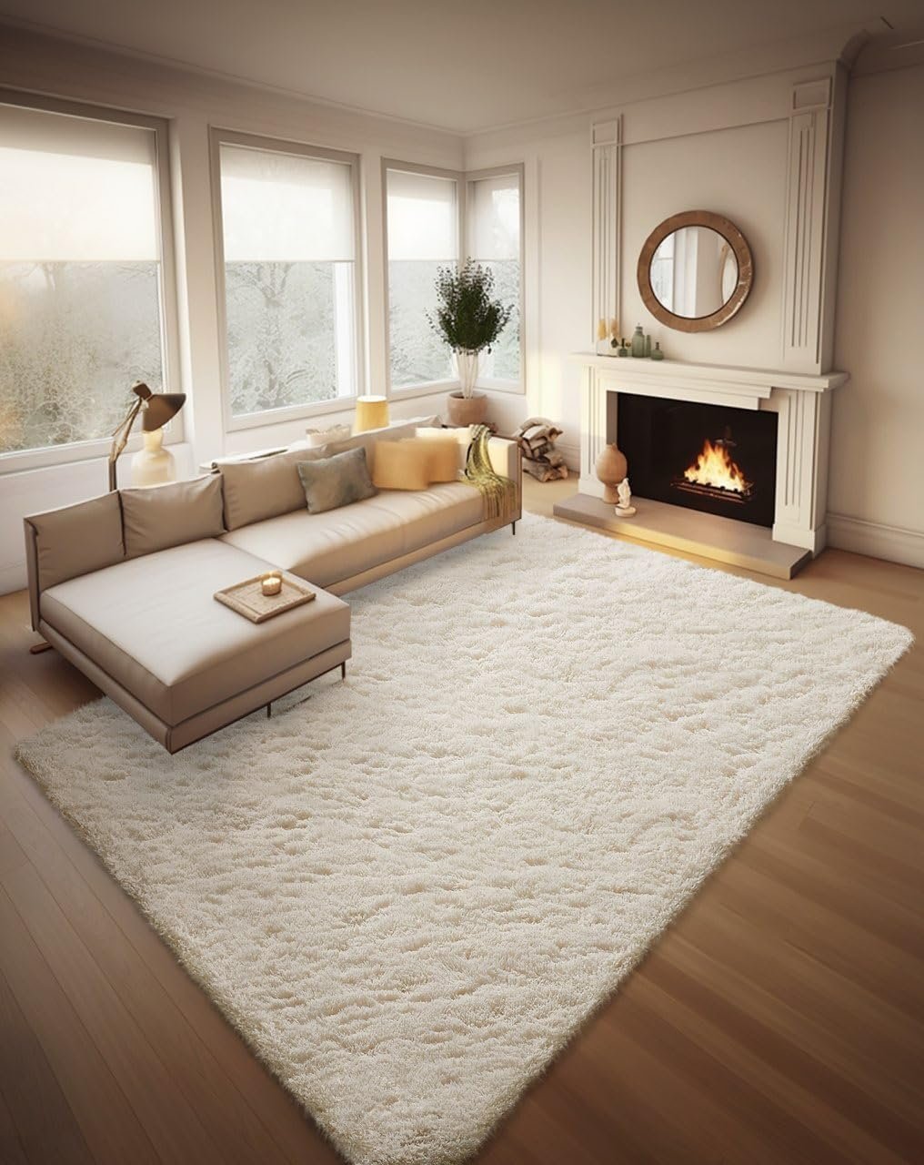Ophanie 8×10 Area Rugs for Living Room, Washable Non-Slip Fluffy Soft Large Shag Bedroom Carpet, Ivory Big Indoor Nursery Rug, Carpets for Boy and Girls Room Dorm Home Decor Aesthetic