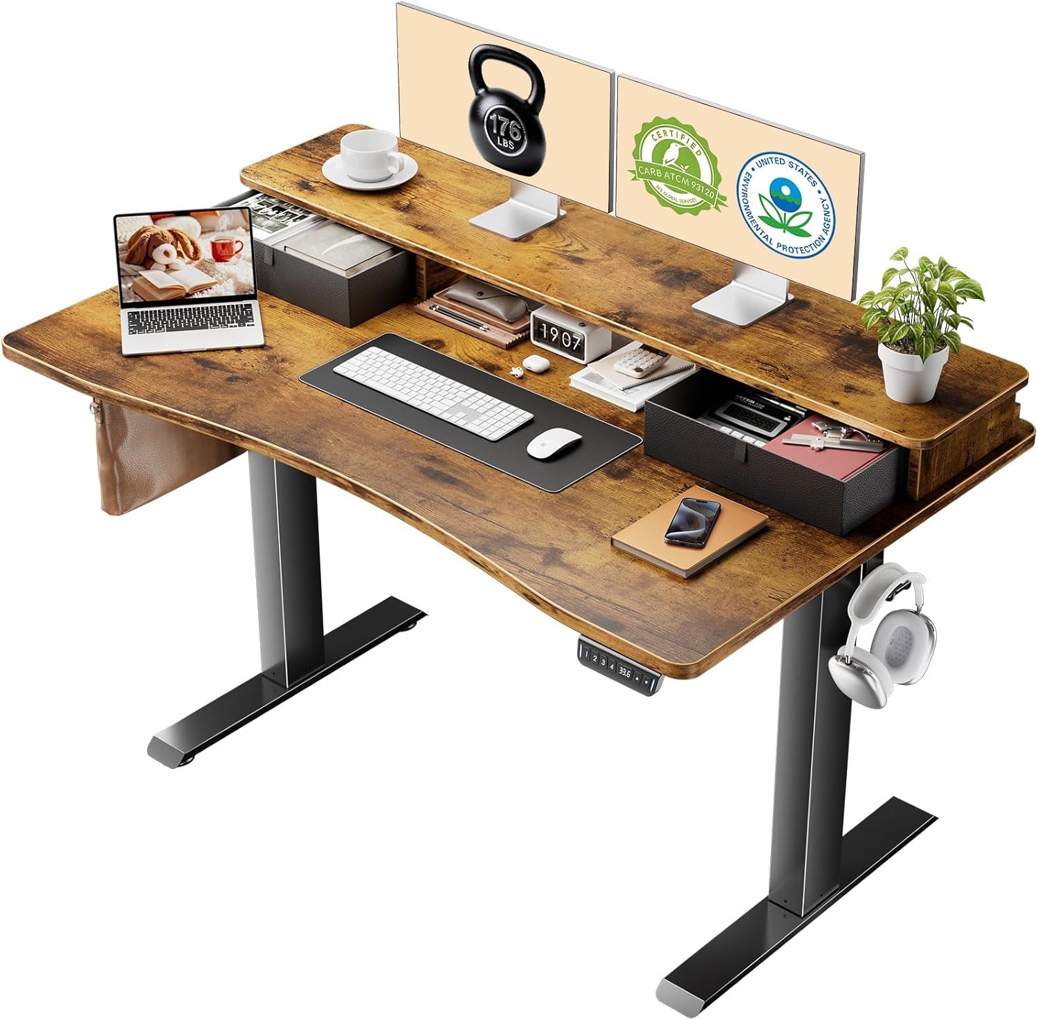 Veken 47.2″×27.6″ Standing Desk with Storage Drawers, Adjustable Height Computer Table with Monitor Shelf, Home Office Desk for Study, Gaming, Workstation, Brown