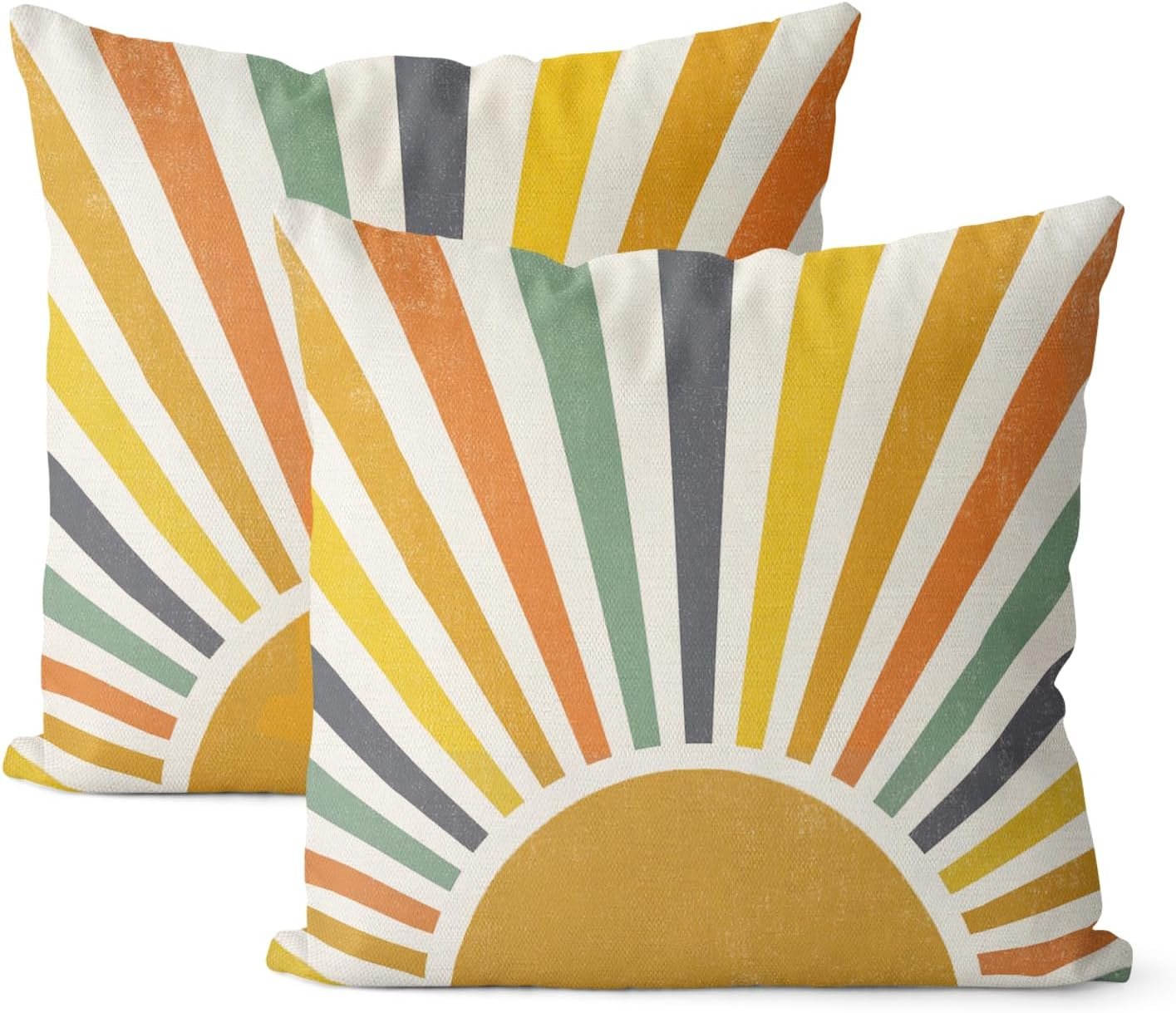 Summer Pillow Covers 18×18 Inch Set of 2, Stripes Yellow Sunshine Decorations Outdoor Throw Pillows Boho Summer Rainbow Sun Pillowcase Linen Decor Cute Farmhouse Cushion Case for Home Bedroom