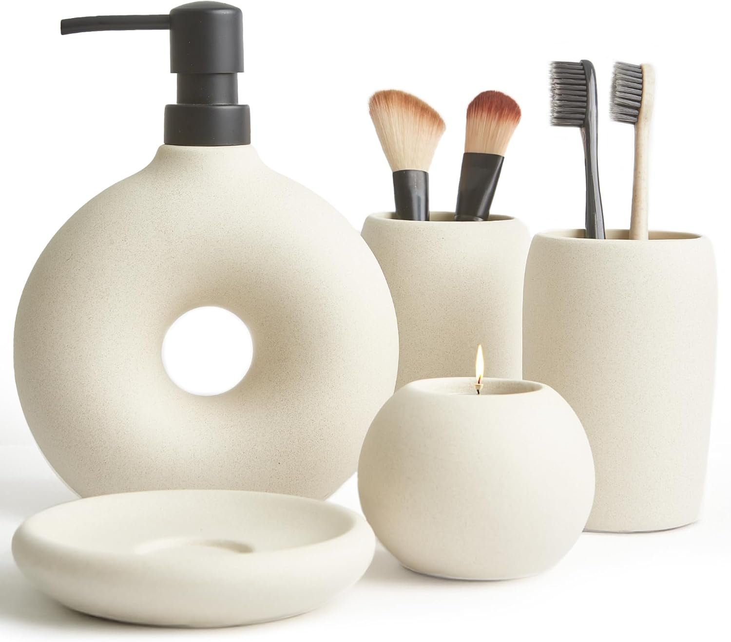 Ceramic Bathroom Accessory Set, 5 Pcs – Soap Dispenser 16 Oz, Toothbrush Cup, Toothbrush Holder, Soap Dish, Candle Holder – Beige, Boho Bathroom Sink Decor, Modern Countertop Accessories