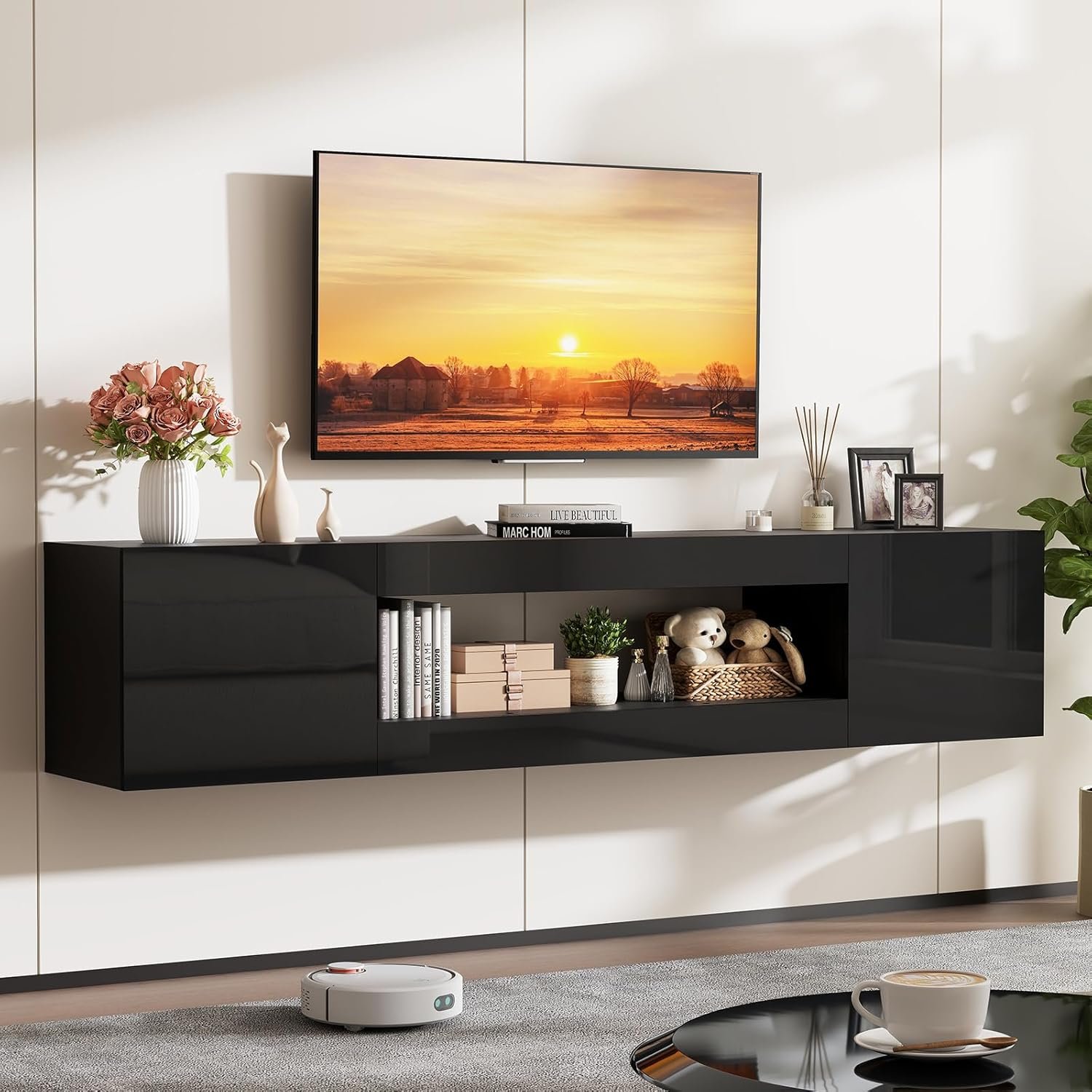 70″ Floating TV Stand for TVs Up to 80″, Wall Mounted Entertainment Center with Storage, Modern Floating TV Shelf with Flip Doors, TV Floating Cabinet for Living Room, Black