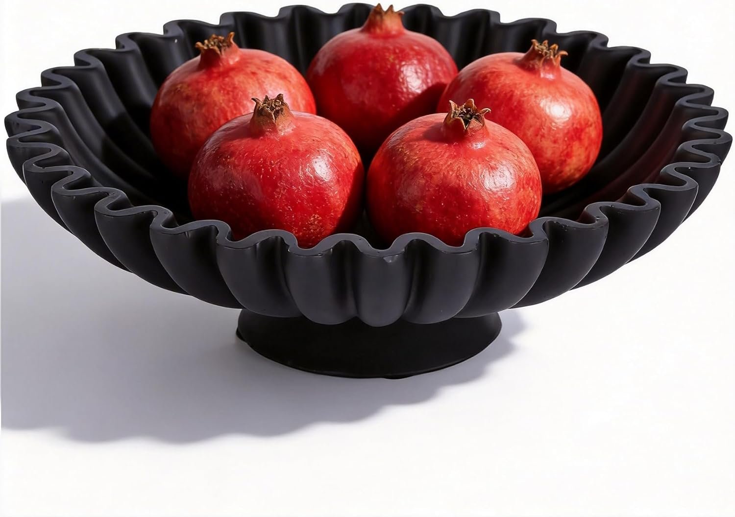 9.5″ Large Decorative Bowl – Scalloped Pedestal Bowls for Home Decor, Key Bowls for Entryway Table, Decorative Fruit Bowl for Kitchen Counter, Resin Black Ruffle Coffee Table Decor