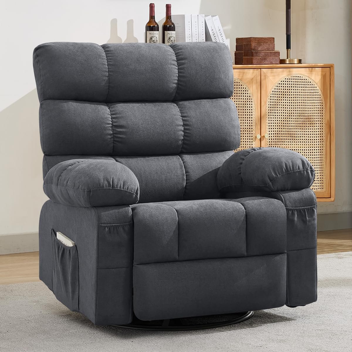 Swivel Rocker Recliner Chair for Adults, 360° Upholstered Manual Recliners for Small Spaces, Single Seat Glider Reclining Chair with Side Pockets, Ergonomic Reading Chair for Living Room, RV, Bedroom