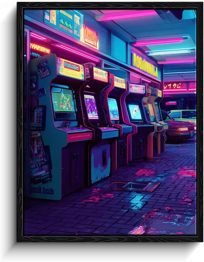 Retro Arcade Wall Art, neon arcade machines, cyberpunk wall decor, matte finish framed canvas print, gaming poster artwork, for game room gift, 12×15 inch