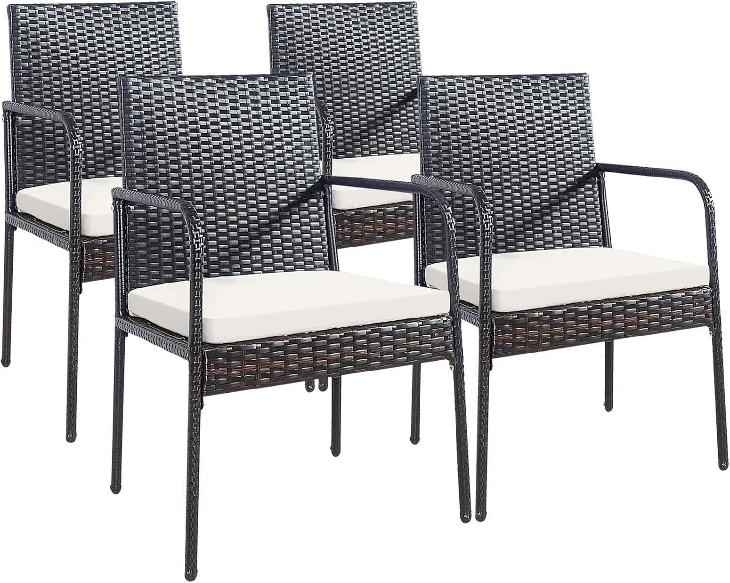 HAPPYGRILL Patio Rattan Dining Chairs Set of 4, Outdoor Wicker Chair Set with Soft Cushions, Reinforced Steel Frame, All-Weather Dining Armchairs for Deck Backyard Poolside