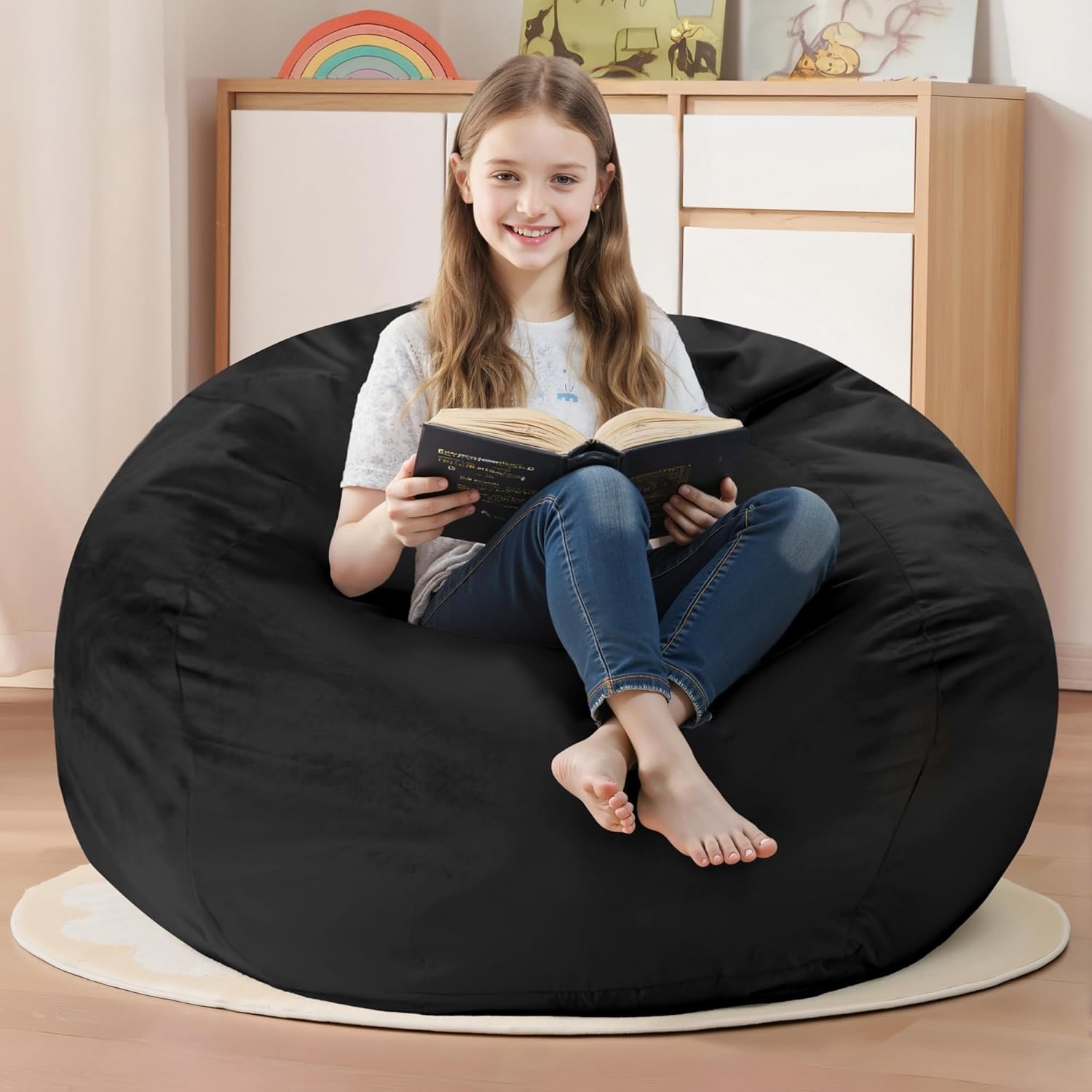Homguava Bean Bag Chair: Bean Bags with Memory Foam Filled,Comfy Beanbag Chairs Round Bean Bag Sofa with Dutch Velvet Cover-2FT-28 x28 x22,Black