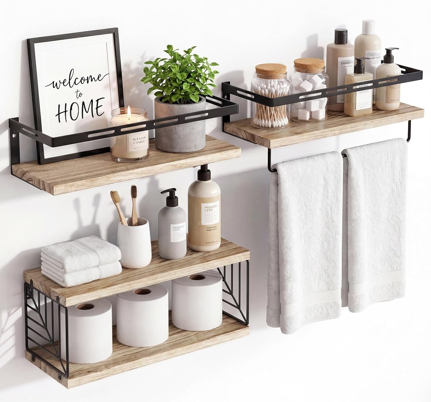 Fixwal Bathroom Shelves Over Toilet, Floating Shelves Wall Mounted with Metal Frame and Towel Bar for Bathroom, Kitchen, Bedroom, Living Room (3 Plus 1 Rustic Brown)