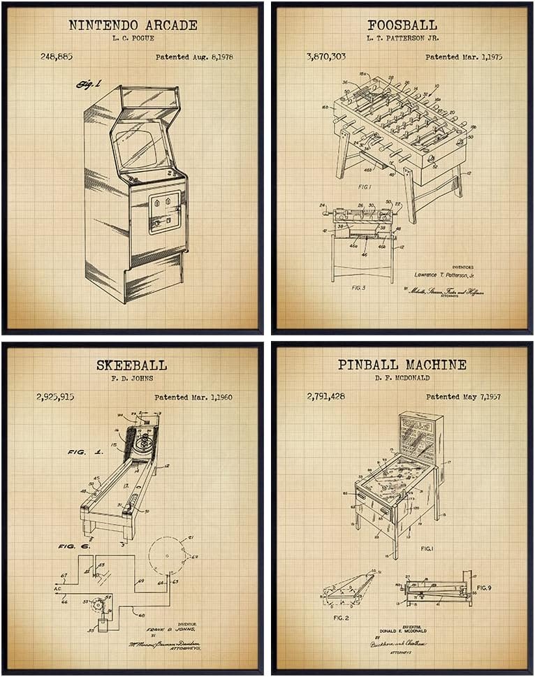 Arcade Patent Art Prints – Vintage Wall Art Poster Set – Chic Rustic Home Decor for Play, Rec, Game Room, Office, Bedroom, Living Room, Man Cave – Gift for Foosball, Pinball, Video Game Fans – 8×10
