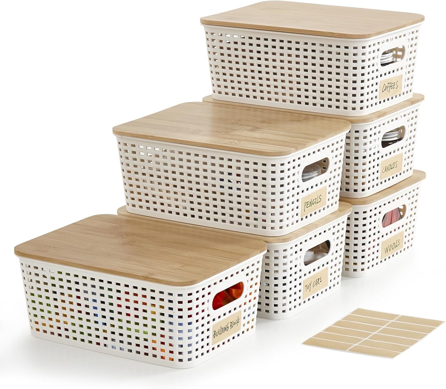 Bagnizer Small Plastic Storage Bins with Bamboo Lids 5.2qt Stackable Box Basket Pantry Decorative Containers Cute with Labels for Organizing Desktop Closet Office Cream White of 6 packs 10*7.2*4.1″