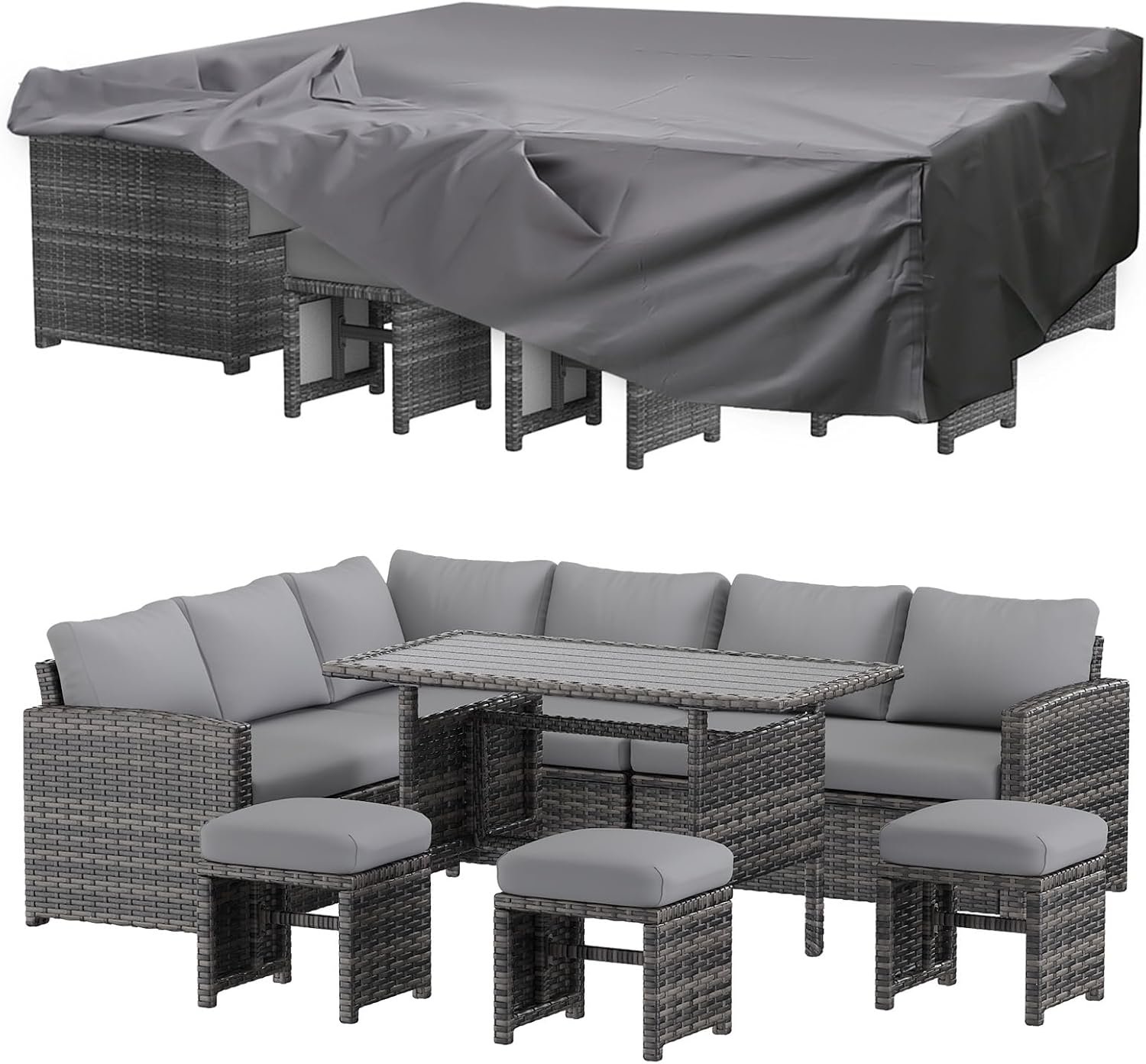 U-MAX 7 Pieces Patio Furniture Set with Waterproof Cover, Outdoor Sectional Sofa Conversation Set, All Weather Wicker Rattan Dining Table & Chair with Ottoman, Grey Rattan&Grey Cushion