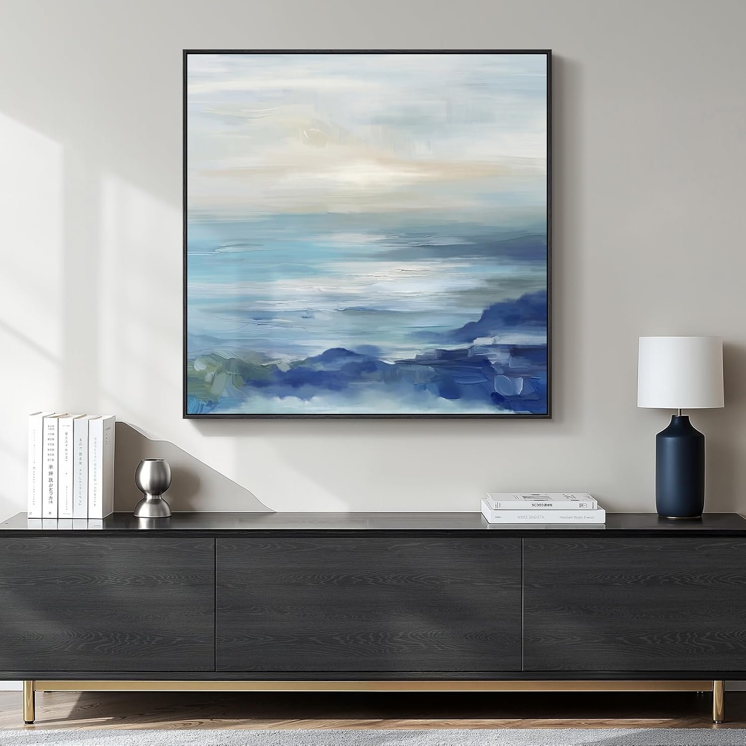 Framed Blue Abstract Wall Art for Living Room, Large Coastal Canvas Artwork for Walls Decor, Seascape Square Beach Ocean Minimalist Paintings Prints for Hallway Bedroom Office Wall Decor, 30×30 Inch