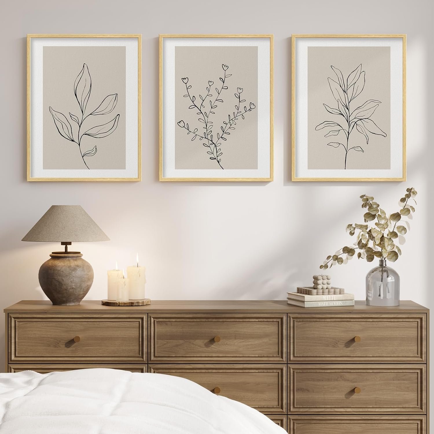 Framed Botanical Line Bedroom Wall Art, 3 Piece Neutral Leaf Print for Room Wall Decor, Minimalist Beige Plant Artwork for Walls, Botanical Picture for Living Room Guest Room Hallway Decor, 12×16 Inch