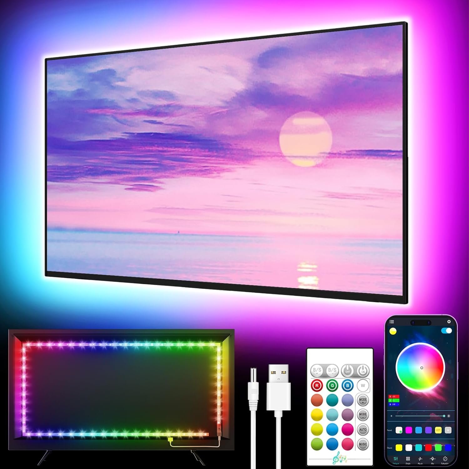 GIPOYENT TV LED Lights, 16.4FT LED Lights for TV, for 45-75 Inch TV, Music Sync TV LED Light with Bluetooth Function – RGB Color Changing Light Strip for Bedroom (16.4ft)