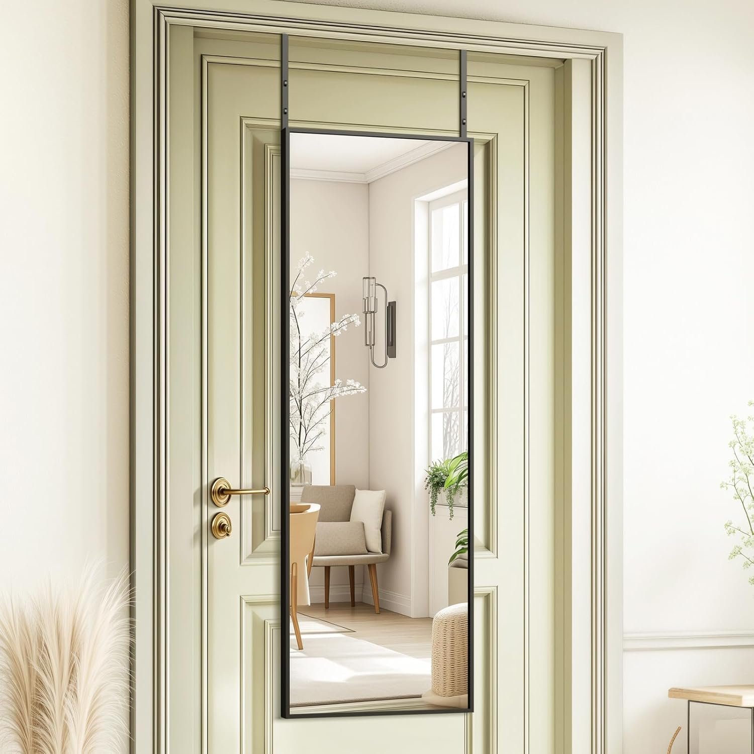 Kosmonia 48×14 Inch Full Length Tempered Glass Door Mirror – Over The Door Hanging, No Drill Installation, Suitable for Bedroom & Closet, Sturdy Hanging Design