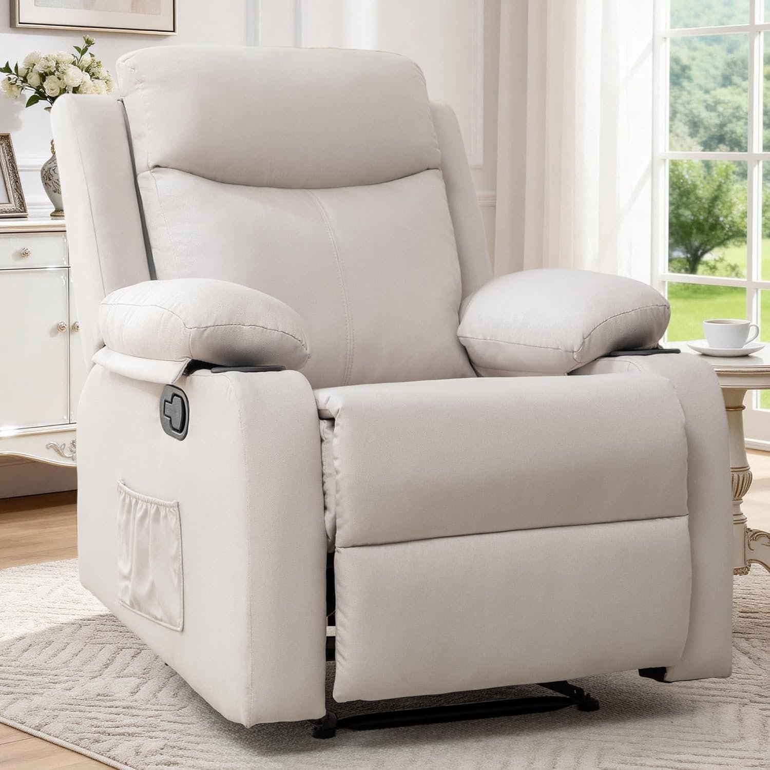 Korser Manual Recliner Chair for Adults, Small Recliners for Small Spaces, Nursery Recliner with Adjustable Backrest, Cup Holders and Side Pockets, Reclining Chair for Living Room, Beige