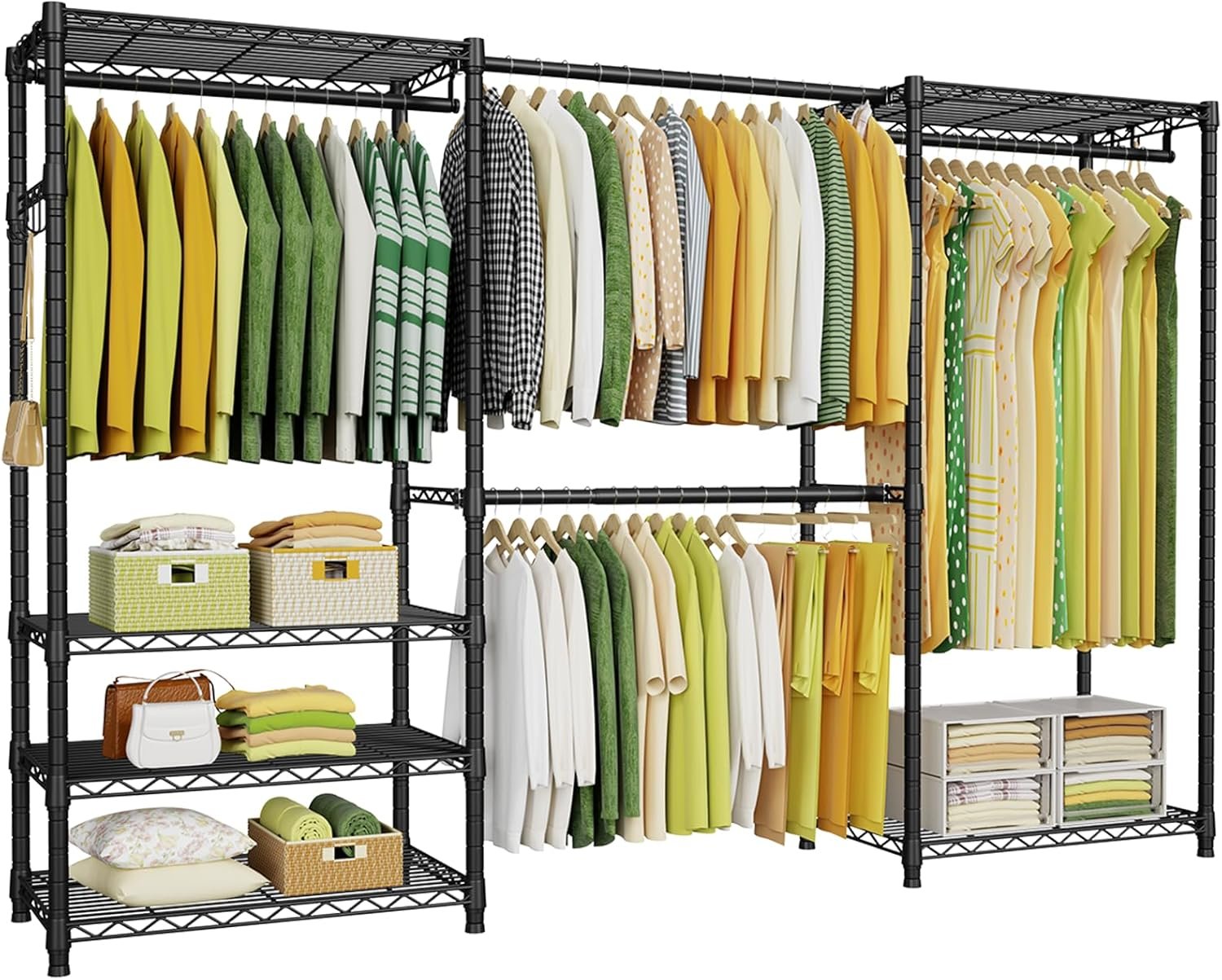 Ulif E1 Heavy Duty Closet Garment Rack, 6 Tiers Adjustable Metal Freestanding Expandable Clothing Storage with 4 Hanger Rods, Easy to Assemble Wardrobe, 71.4″ H x (70″ – 88.2″) L x 14″ D, Black