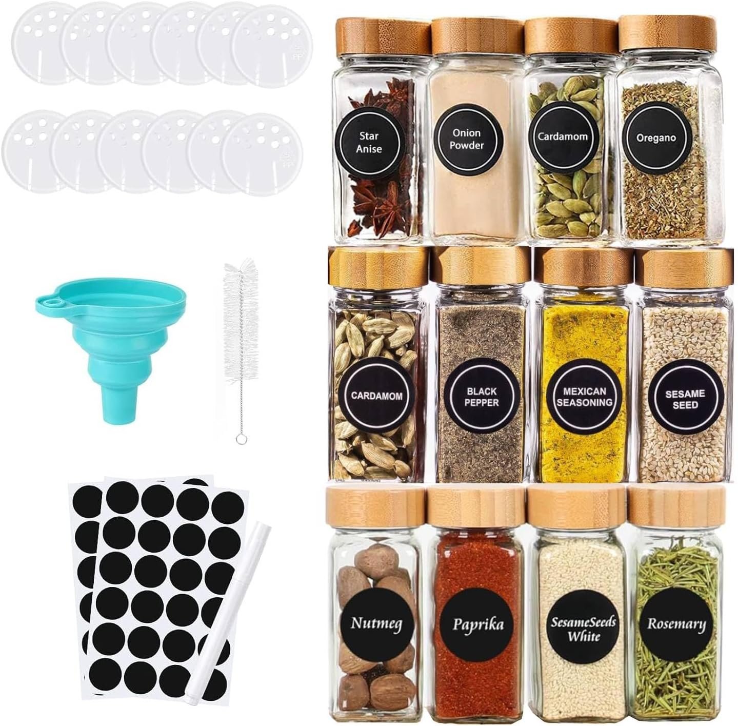 Glass Spice Jars with Label – Square Spice Containers 4 oz – Includes Cleaning Brush & Label pen – Seasoning Jars – 12Pcs