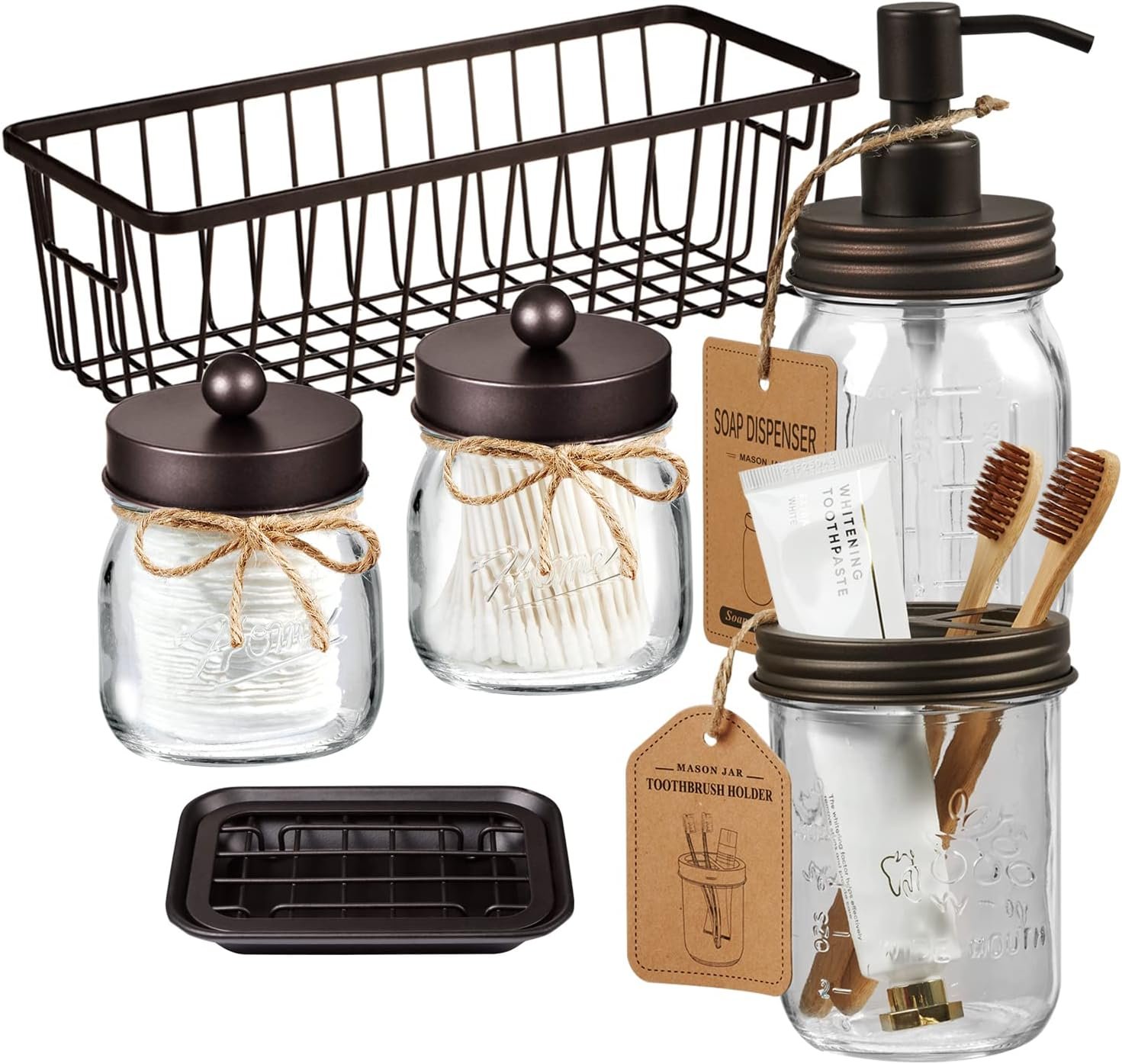 SheeChung 6Pcs Mason Jars Bathroom Accessories Set Complete – Toothbrush Holder, Lotion Soap Dispenser, 2 Mason Jars, Soap Dish, Toilet Paper Basket, Rustic Farmhouse Decor (Brown, 6Pcs Bathroom Set)