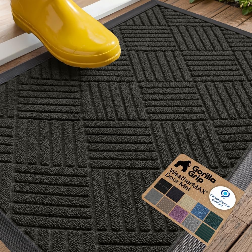 GORILLA GRIP 100% Waterproof All-Season WeatherMAX Doormat US Designed Natural Rubber, Stain Fade Resistant, Low Profile Indoor Outdoor Door Mats, Easy Clean, 29×17 Gray Diamond