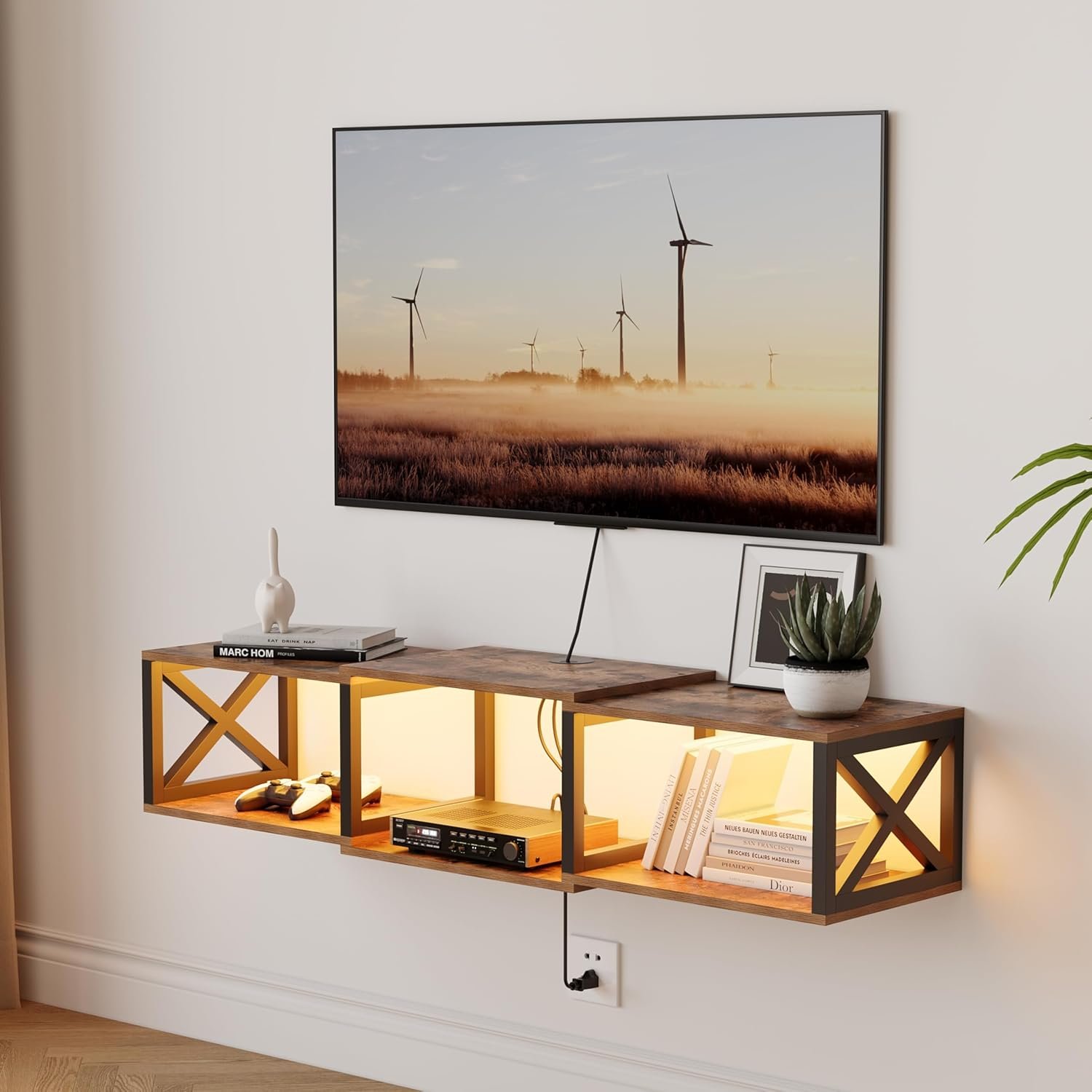 Floating TV Stand with Power Outlets,Wall-Mounted Entertainment Console with led Light，Floating TV Shelf for Under TV Storage (Rustic Brown, 46″ W)