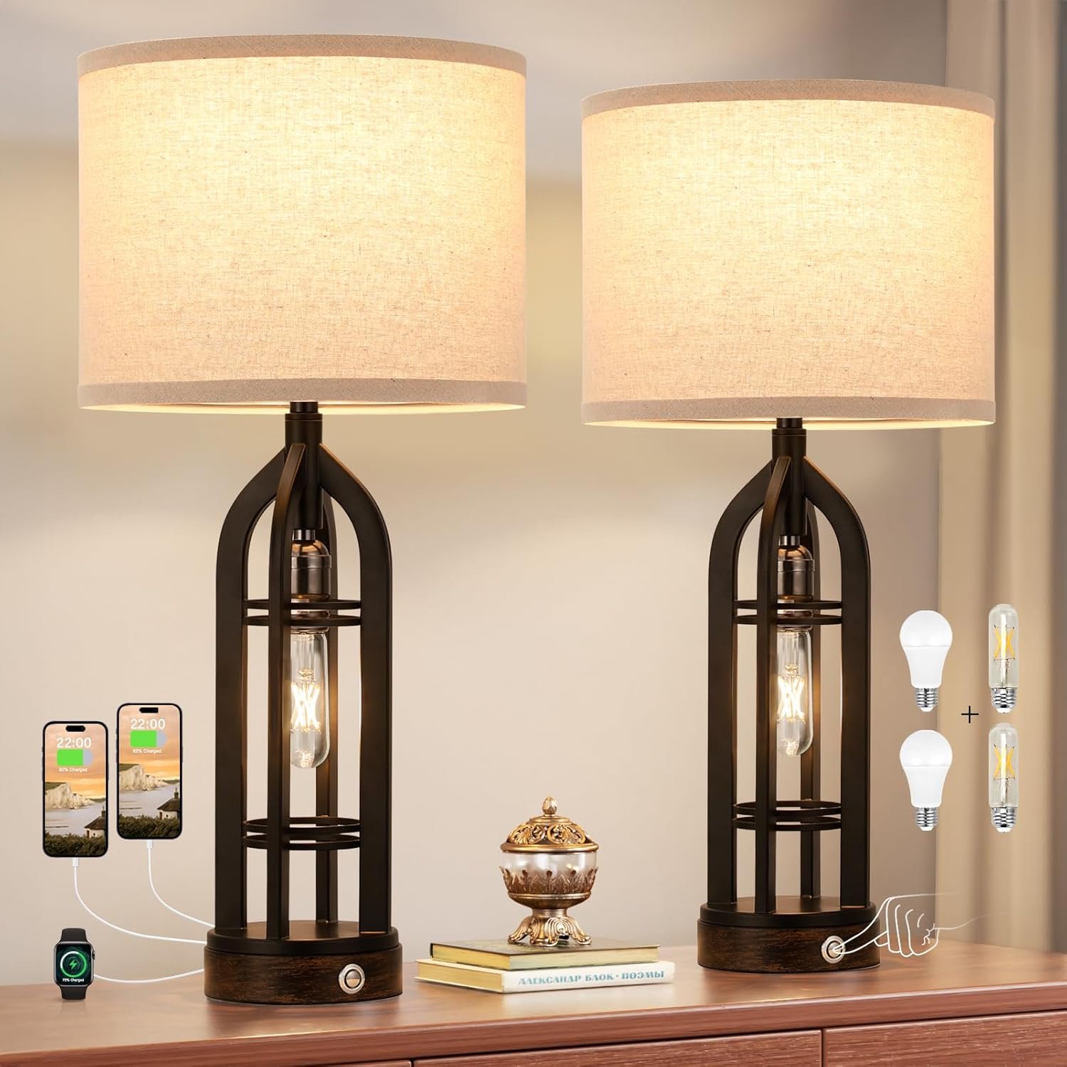 Seealle Table Lamps for Living Room Set of 2 – Black Bedside Lamp for Bedroom with USB C+A & Outlet, Farmhouse Lamps for Night Stands, 3-Way Dimmable Touch Lamps for Living Room with Oat Shade
