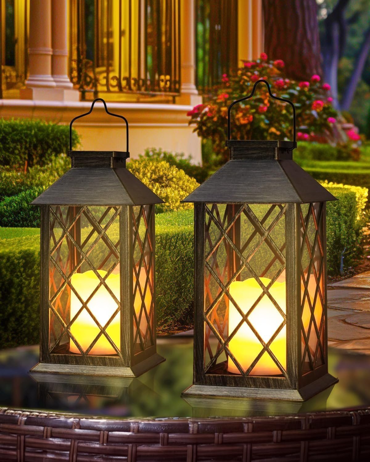 Otdair Solar Lanterns Outdoor Waterproof, 2 Pack 14″ Solar Lantern with Glass Retro LED Flickering Flameless Candle,Lanterns Decorative Outdoor for Gift, Yard, Garden, Patio, Balcony,Porch, Party