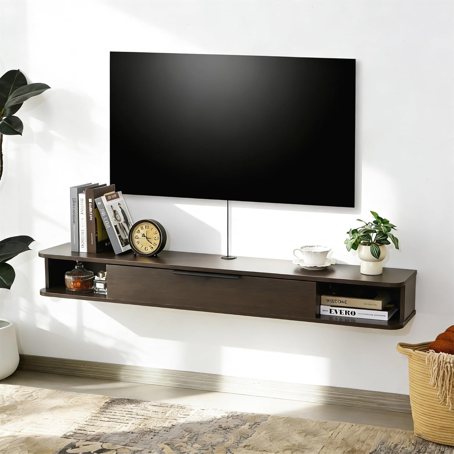 Floating TV Stand, 55″ Wall Mounted TV Cabinet, Wood Media Console for TVs up to 65″, Entertainment Center with Storage for Living Room, Under TVs Shelf for DVD Player, Coffee