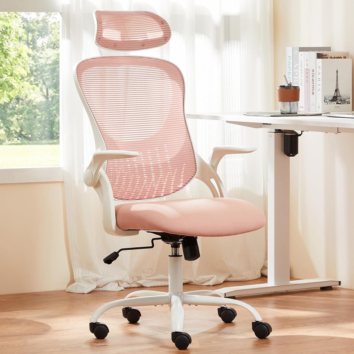 Sweetcrispy Home Office Managerial Executive Chair, High-Back Mesh with Adjustable Headrest, Flip-up Armrest Comfortable Lumbar Support, Comfy Arms for Bedroom,Study,Student