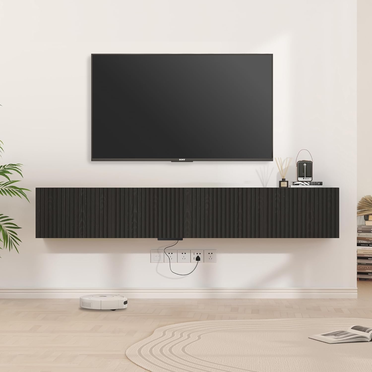 71” Floating TV Stand with LED Lights & Charging Station, Black Wall Mounted Entertainment Center for 75 Inch TV, Floating Media Console Shelf with 4 Flip-Down Fluted Doors for Living Room, Bedroom