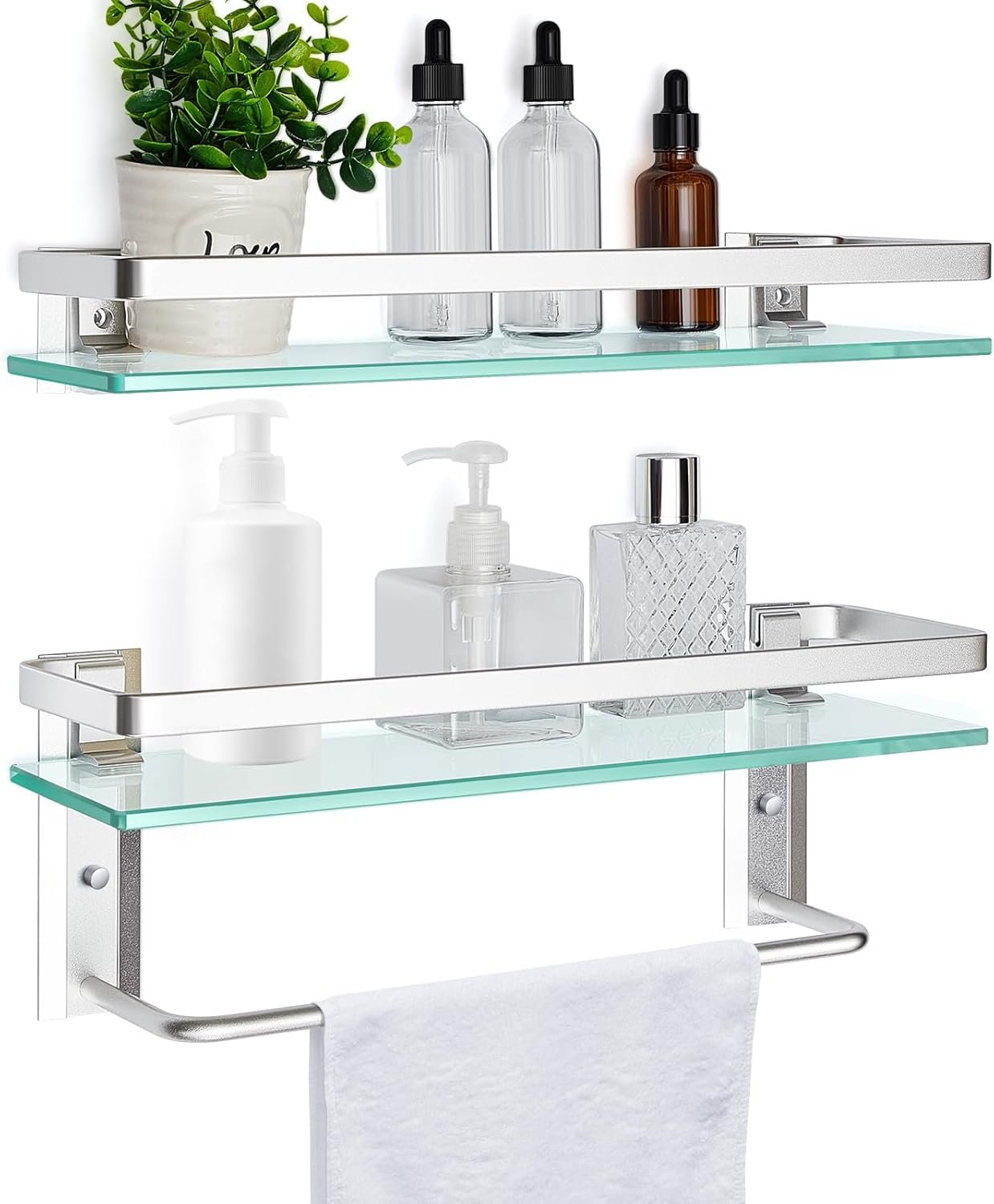 Suzile Set of 2 Glass Bathroom Shelves with Bar, Wall Mounted 15.7 x 4.7 Inches, Bathroom Shelves Hanging Modern Floating Shelf Metal Stick Room Rustproof Organizer Decorative(Silver)