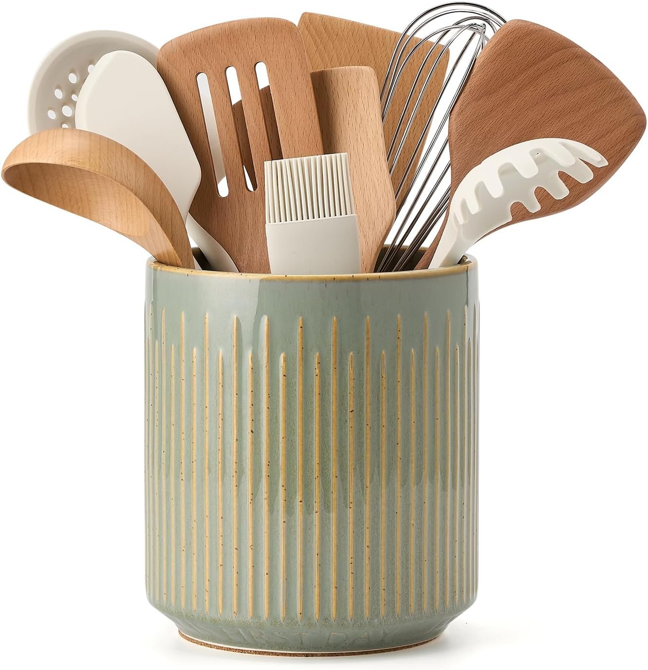JIEMEI HOME Kitchen Utensil Holder, Ceramic Stable Utensil Crock for Countertop, 7.2″ Large Utensil Organizer with Cork Mat, Removable Bamboo Divider for Kitchen Décor and Accessories, Wild Sage Earth